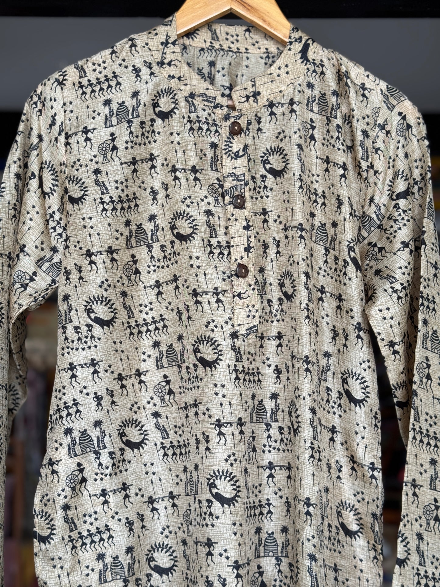 Beige and black Warli print art silk long kurta for teen boys