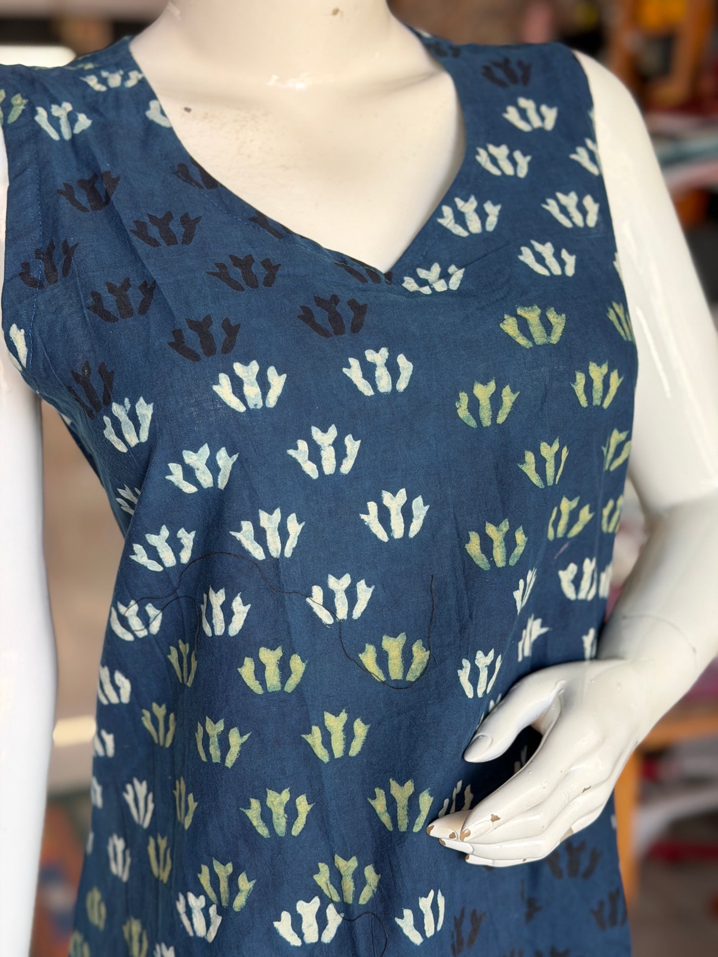 V-neck A-line hand block printed cotton sleeveless dress / Kurti