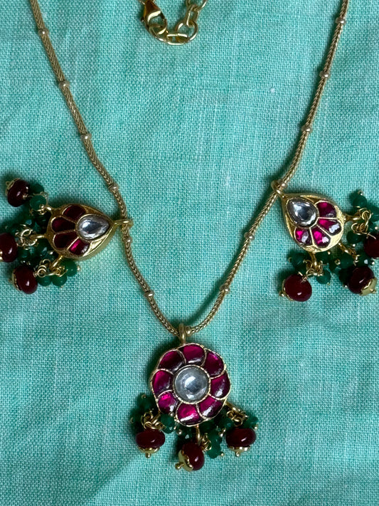 Multi coloured pink, green, white kundan drops - gold polish 925 sterling silver necklace