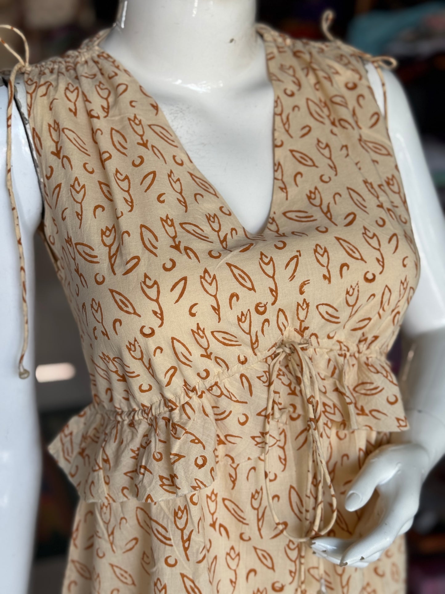 Caramel cotton hand block printed dress with 2 piece coord set look