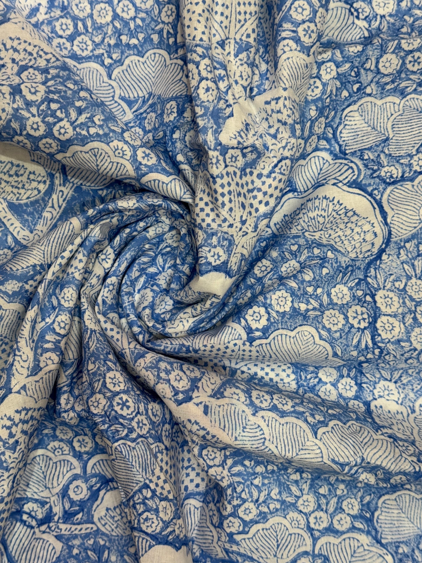 Blue intricate hand block printed cotton fabric