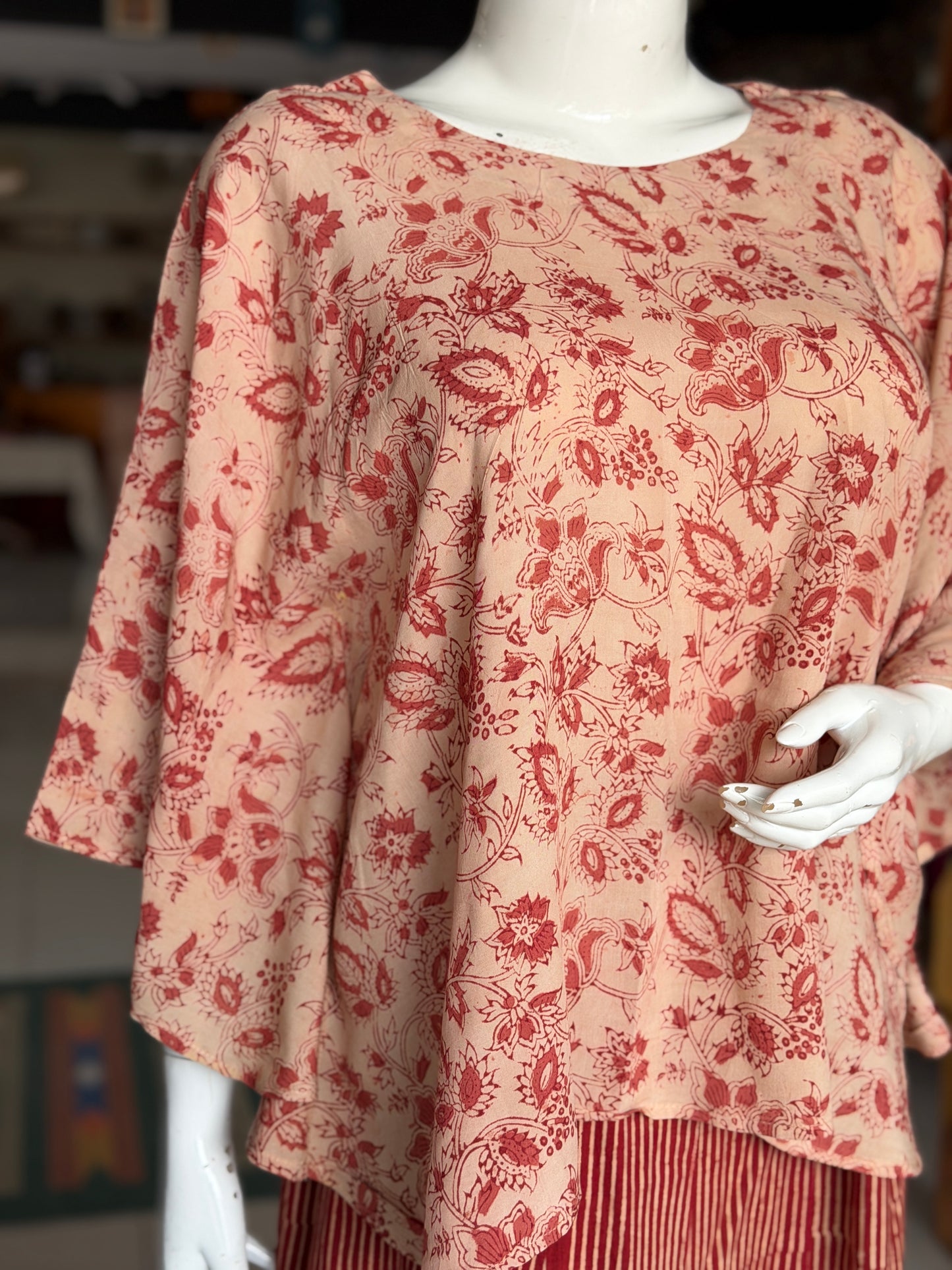 Rust flowers beige cape top - hand block printed, natural dyed, Kalamkari satin cotton top
