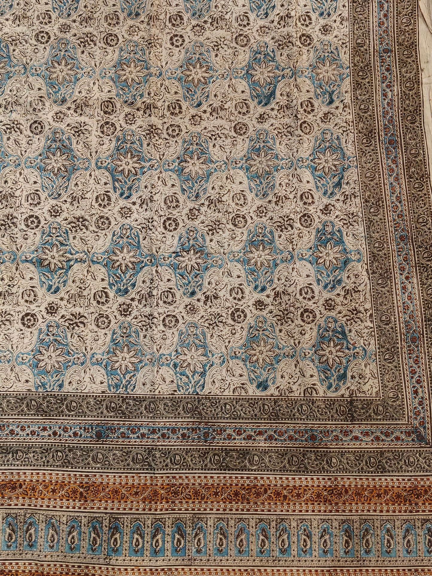 Blue and black design Kalamkari hand block printed cotton king size bedsheet + 2 pillow covers