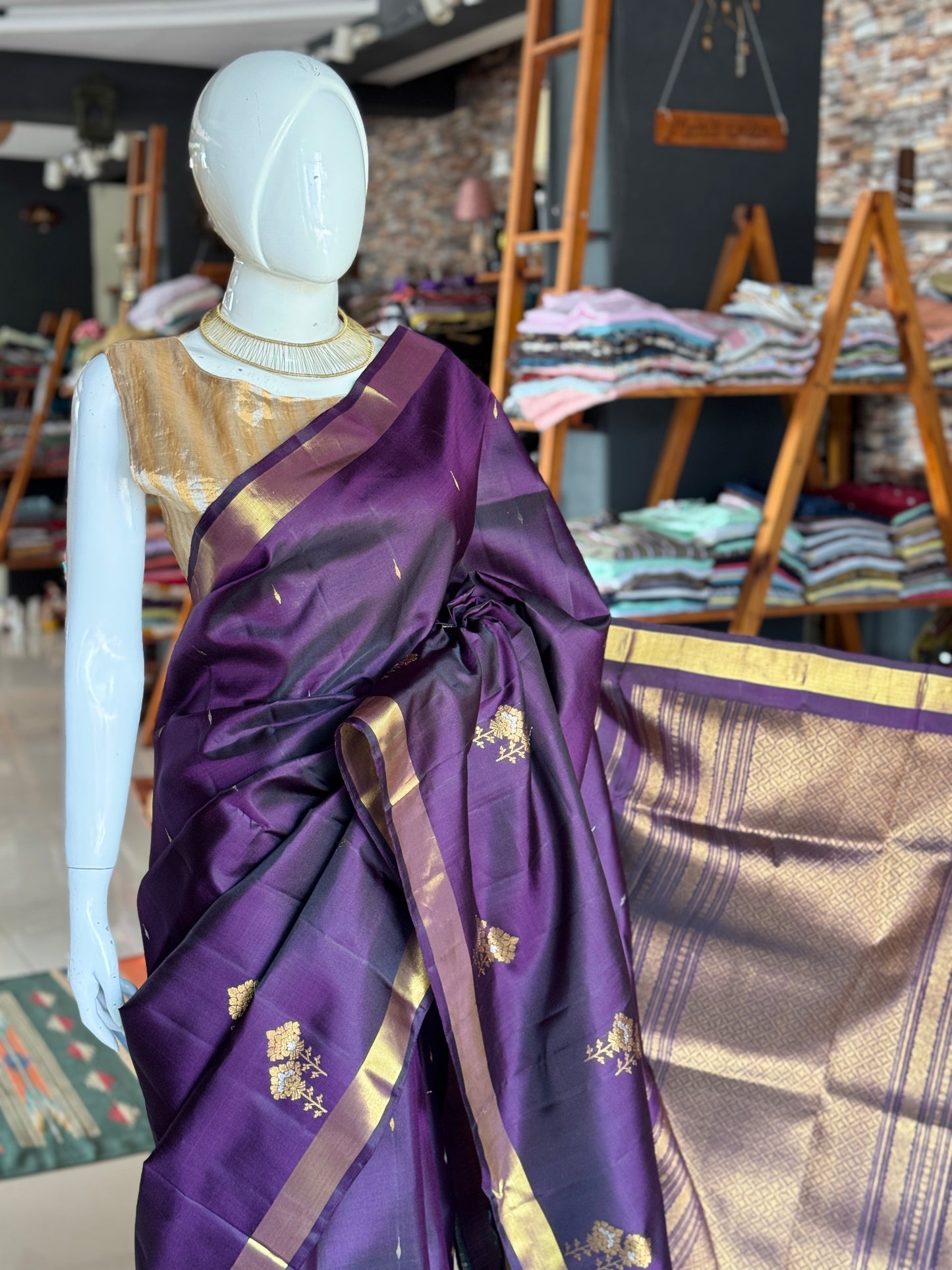 Purple gold n silver meena butis pure silk handloom Kumbakonam pattu saree