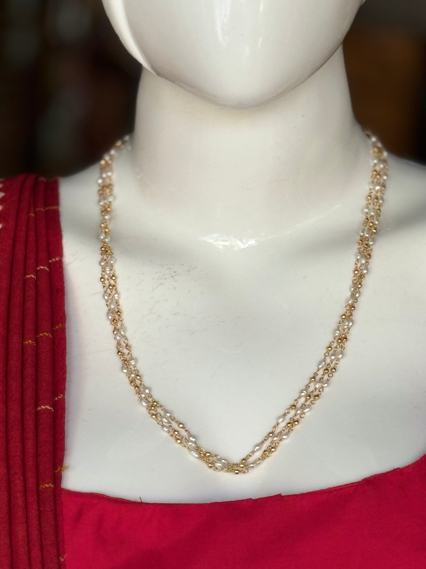 3 layers gold polish sterling silver chain with pearls