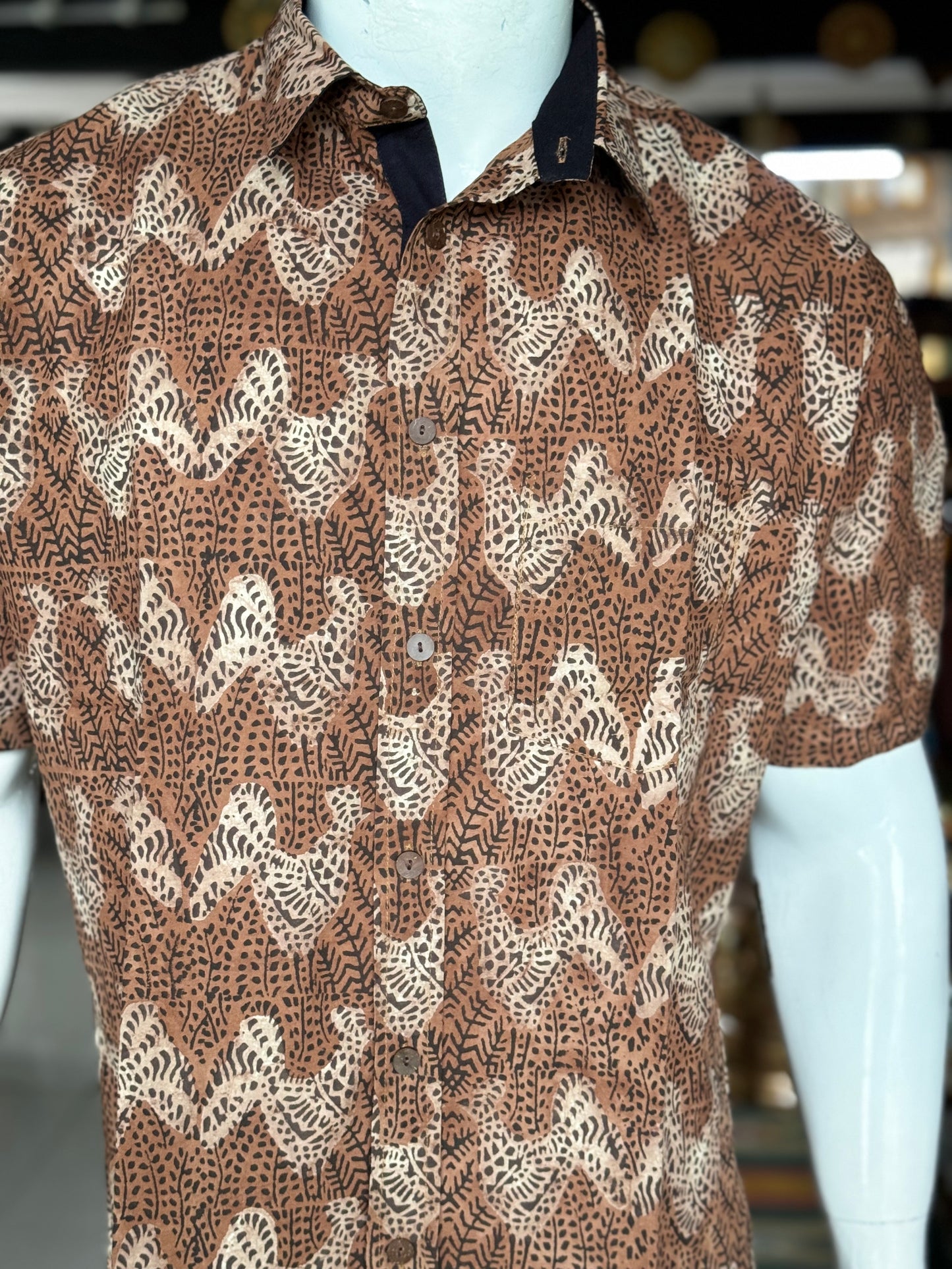 Rust brown rooster print half sleeves mens natural dye, hand block printed cotton shirt