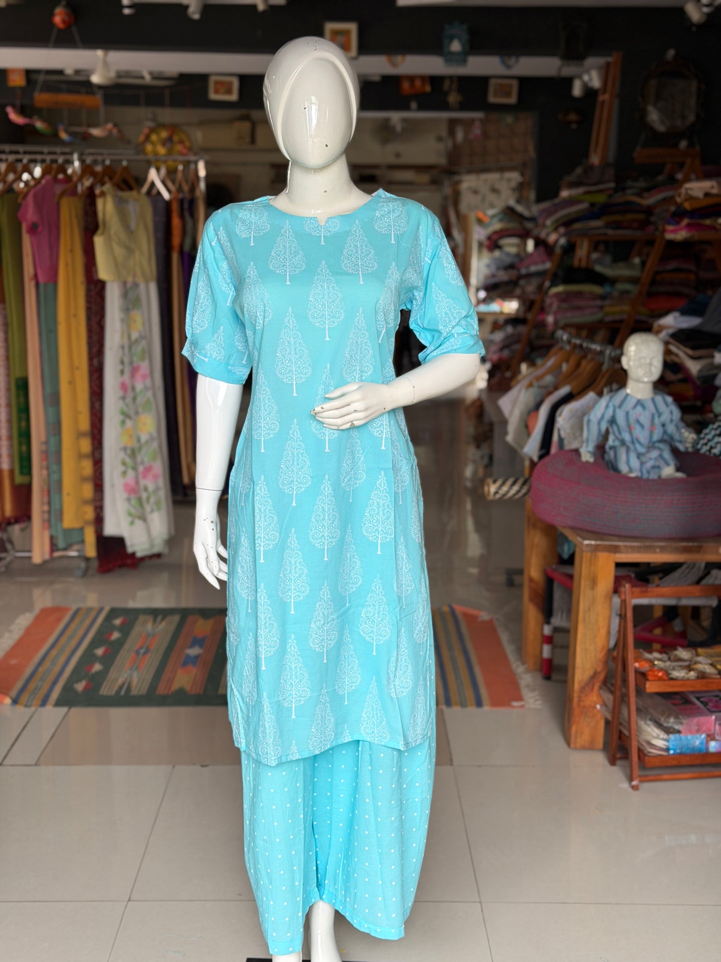 Blue cypress print cotton kurti paired with a matching dots print barrel pants - 2 piece set