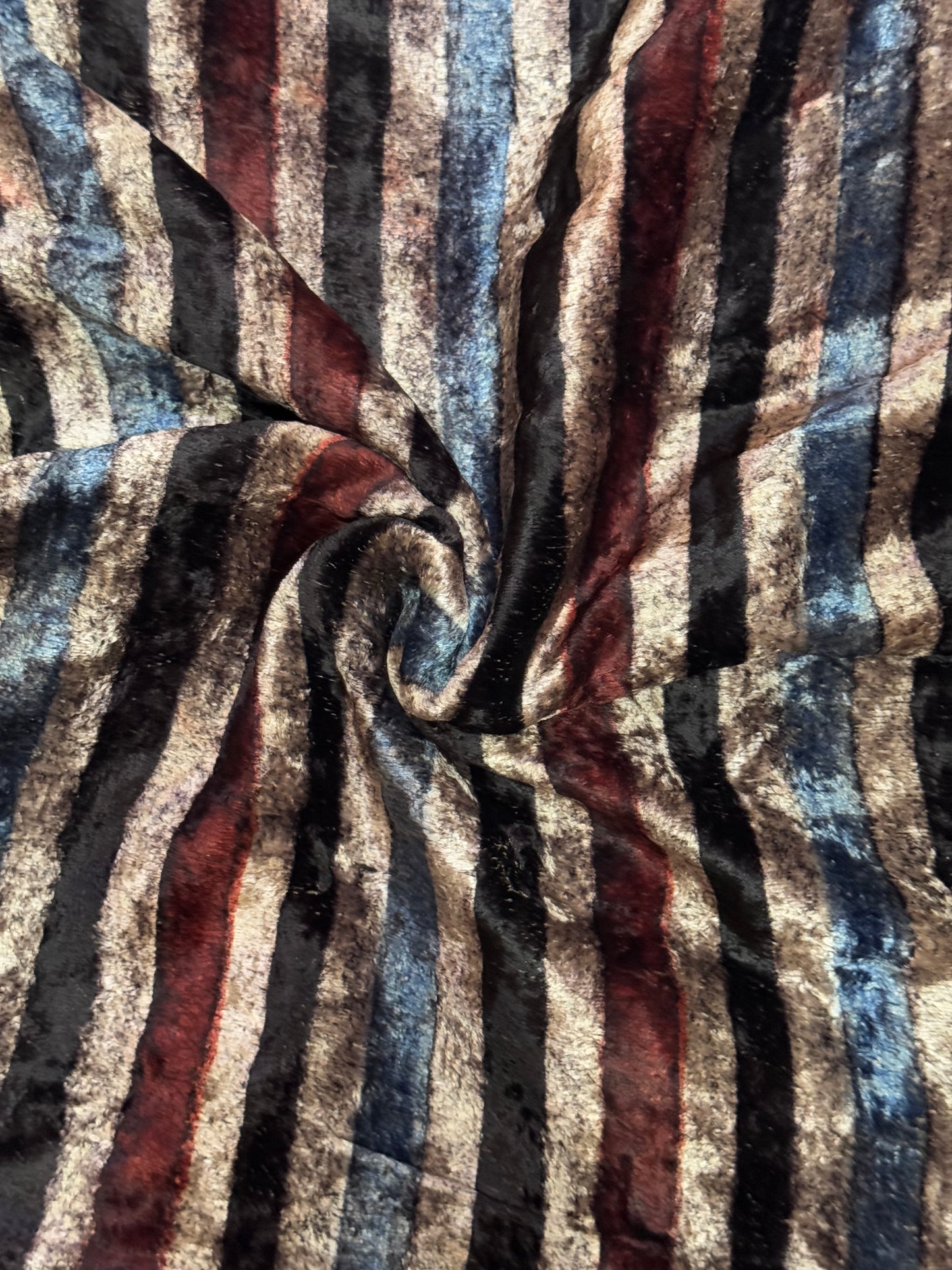 Stripes Ajrakh hand block print on velvet -  Indigo maroon black beige stripes