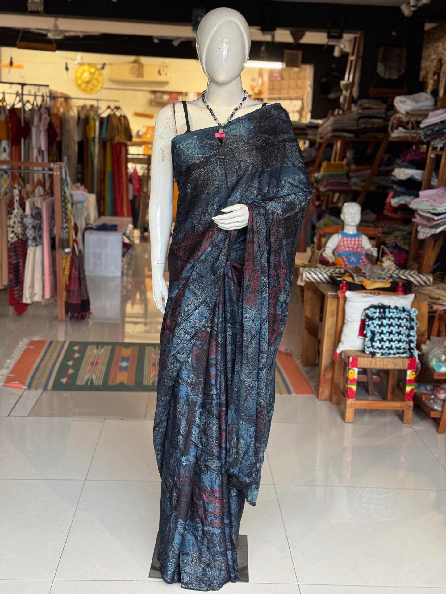 Ajrakh hand block printed soft modal saree yardage saree