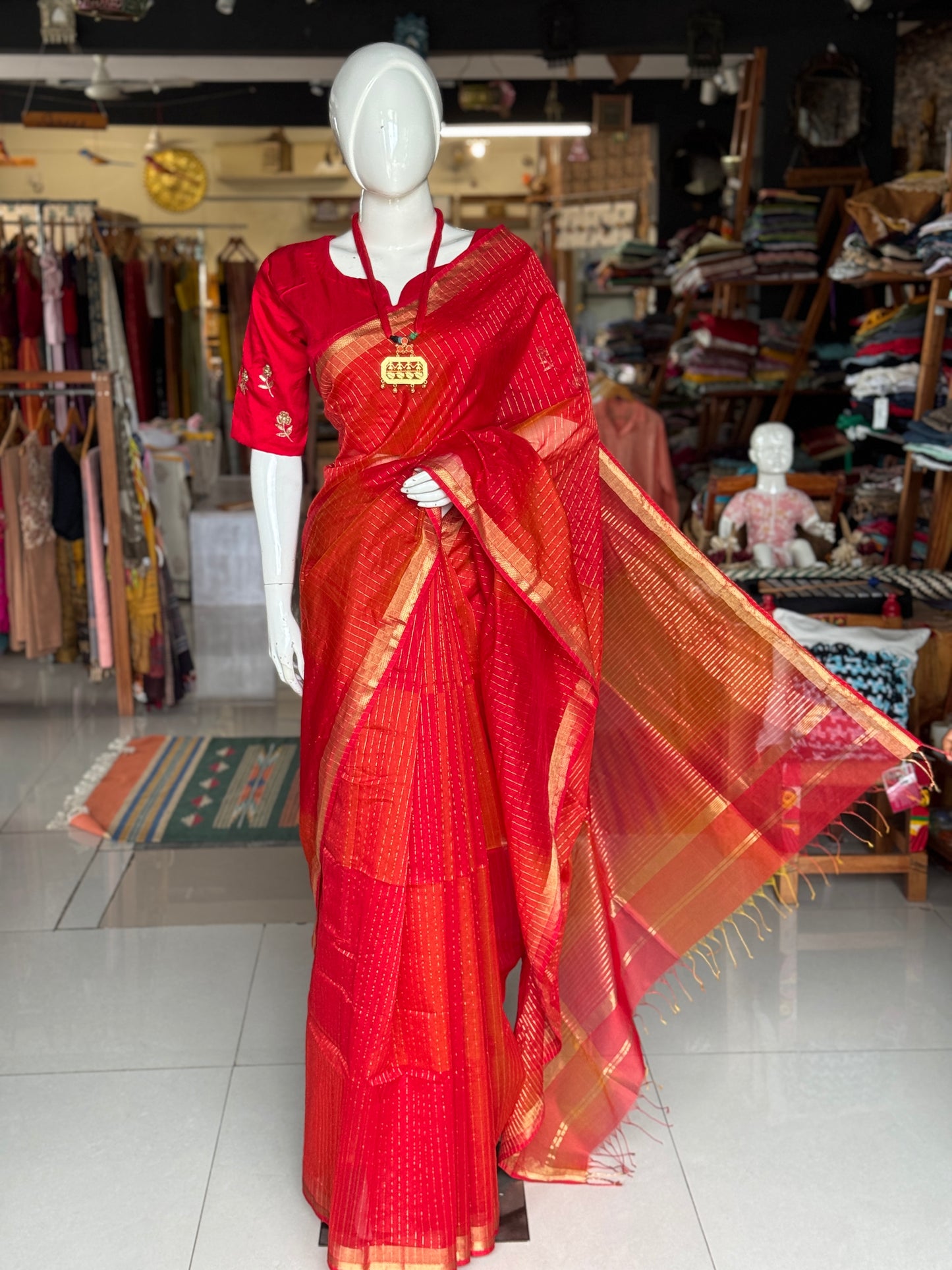 Red n orange all over stripes silk cotton Maheshwari handloom saree