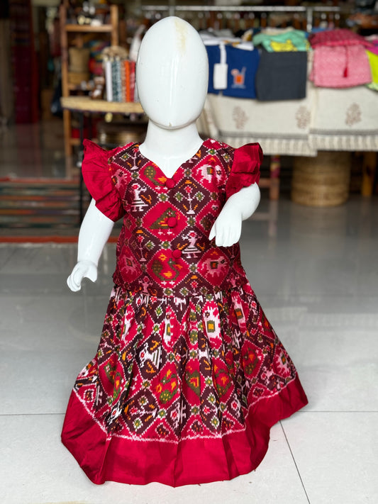 Maroon handwoven ikat pure silk lehenga (pattu langa) with pattu frilled sleeves blouse set