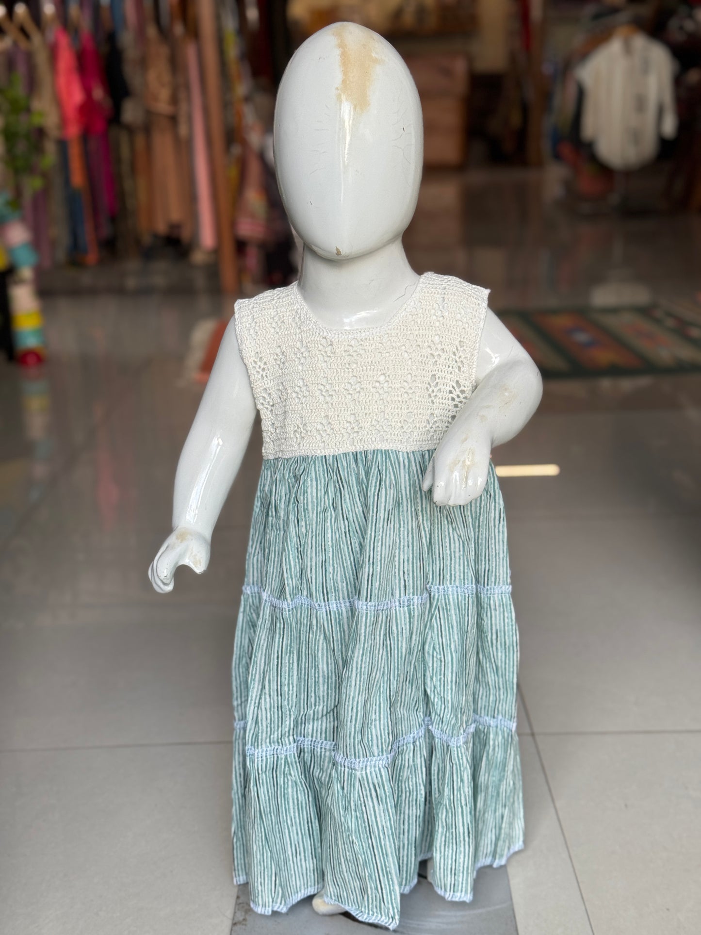 Tiered hand block printed cotton frock with crochet yoke for girls