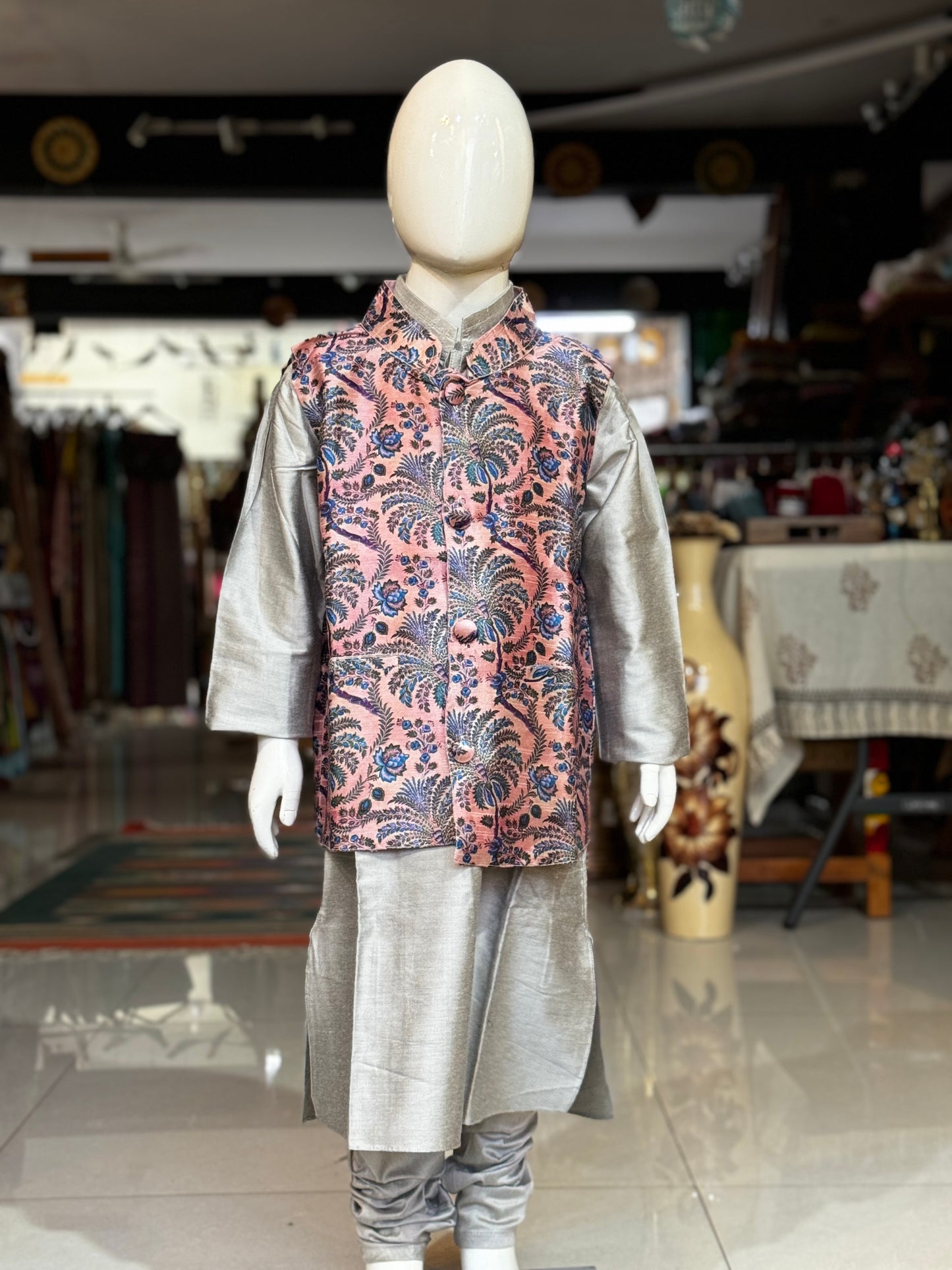 Silver long kurta, chudidhar pants and pink trees print Nehru jacket - 3 piece ethnic set for boys