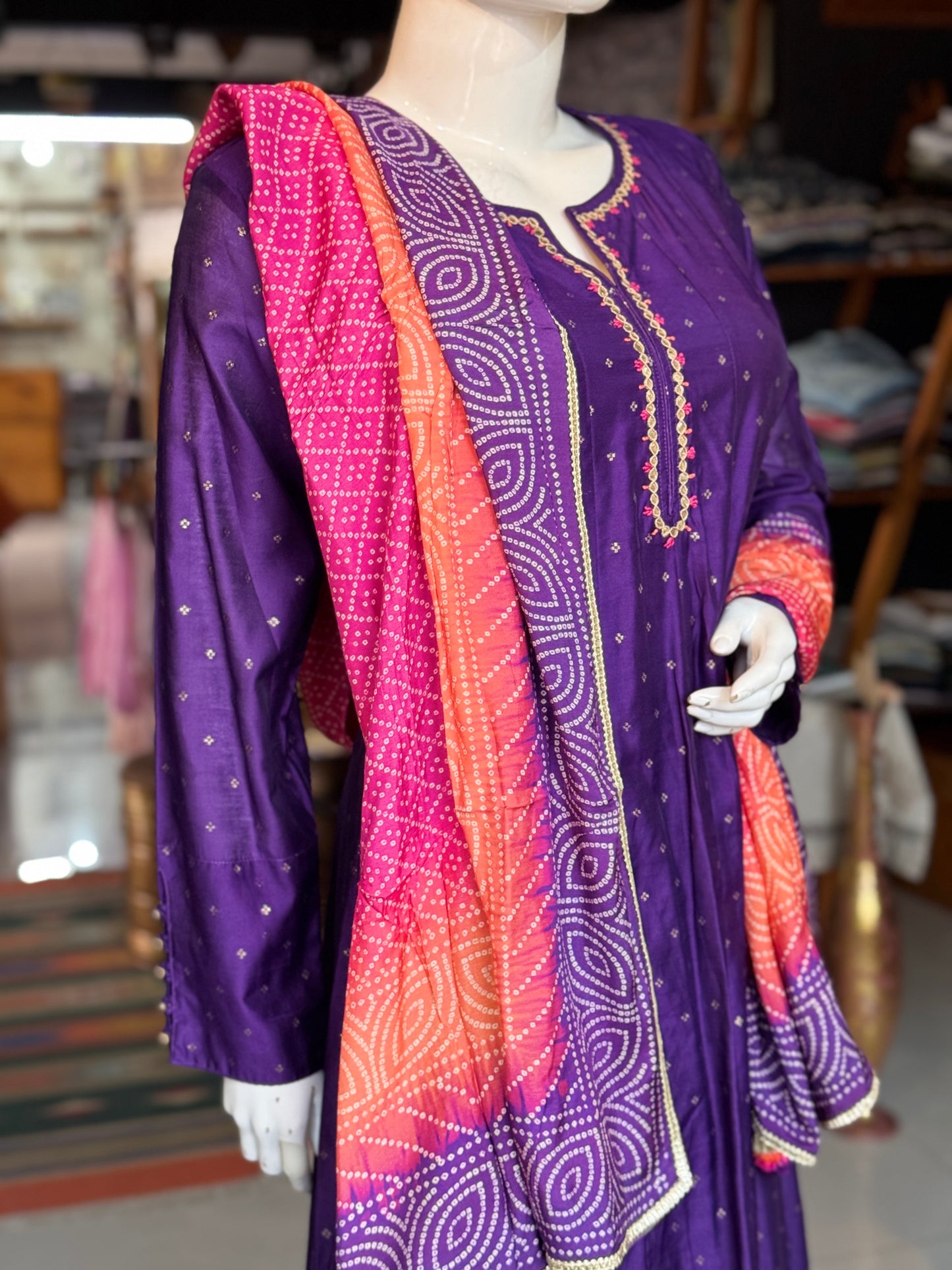 Violet silk cotton anarkali full sleeves 3 piece suit set with colorful dupatta- festive wear set