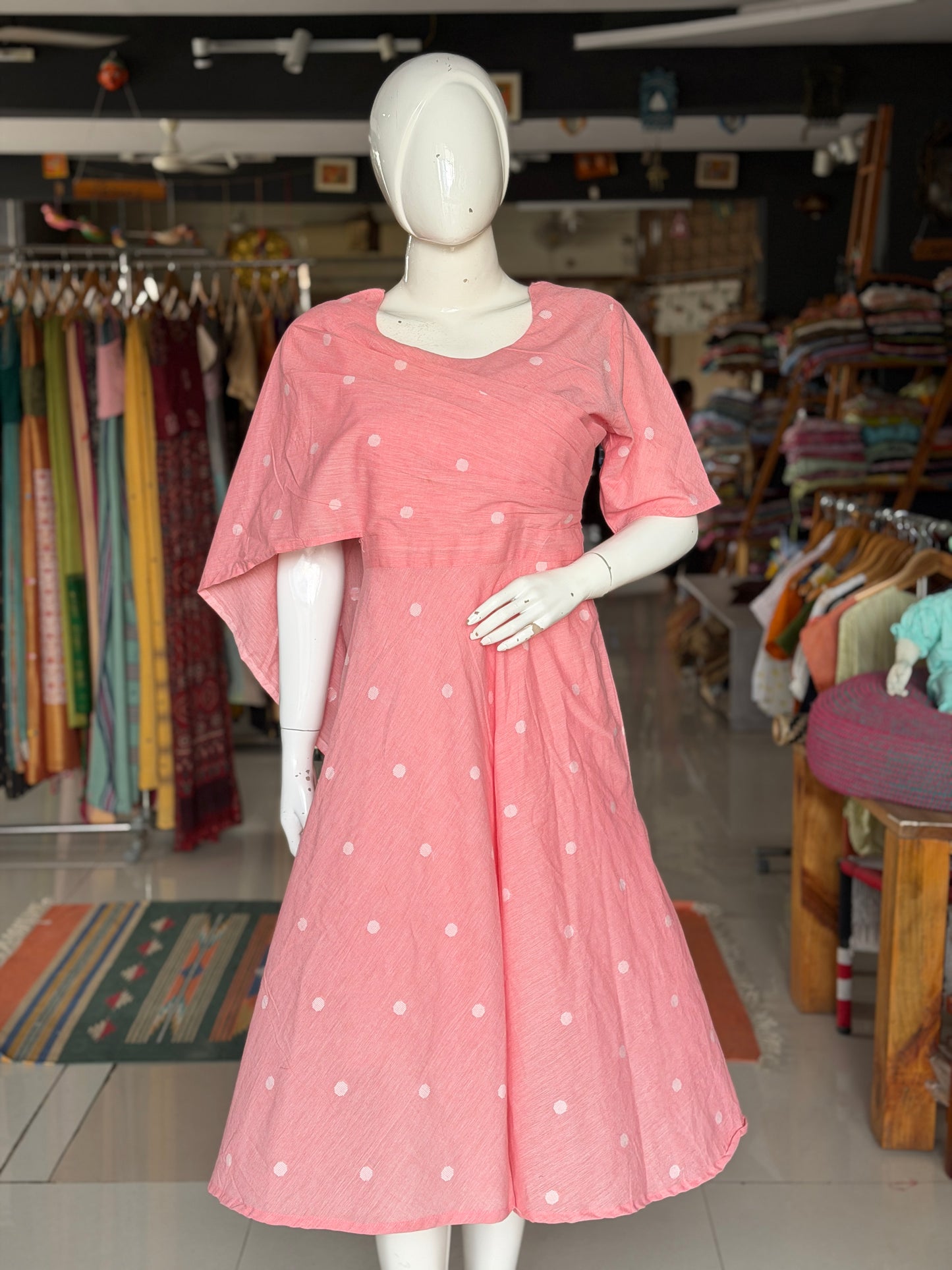 Peach Jamdani soft handloom cotton umbrella dress with attached pleated stole