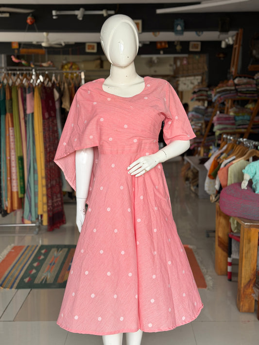 Peach Jamdani soft handloom cotton umbrella dress with attached pleated stole