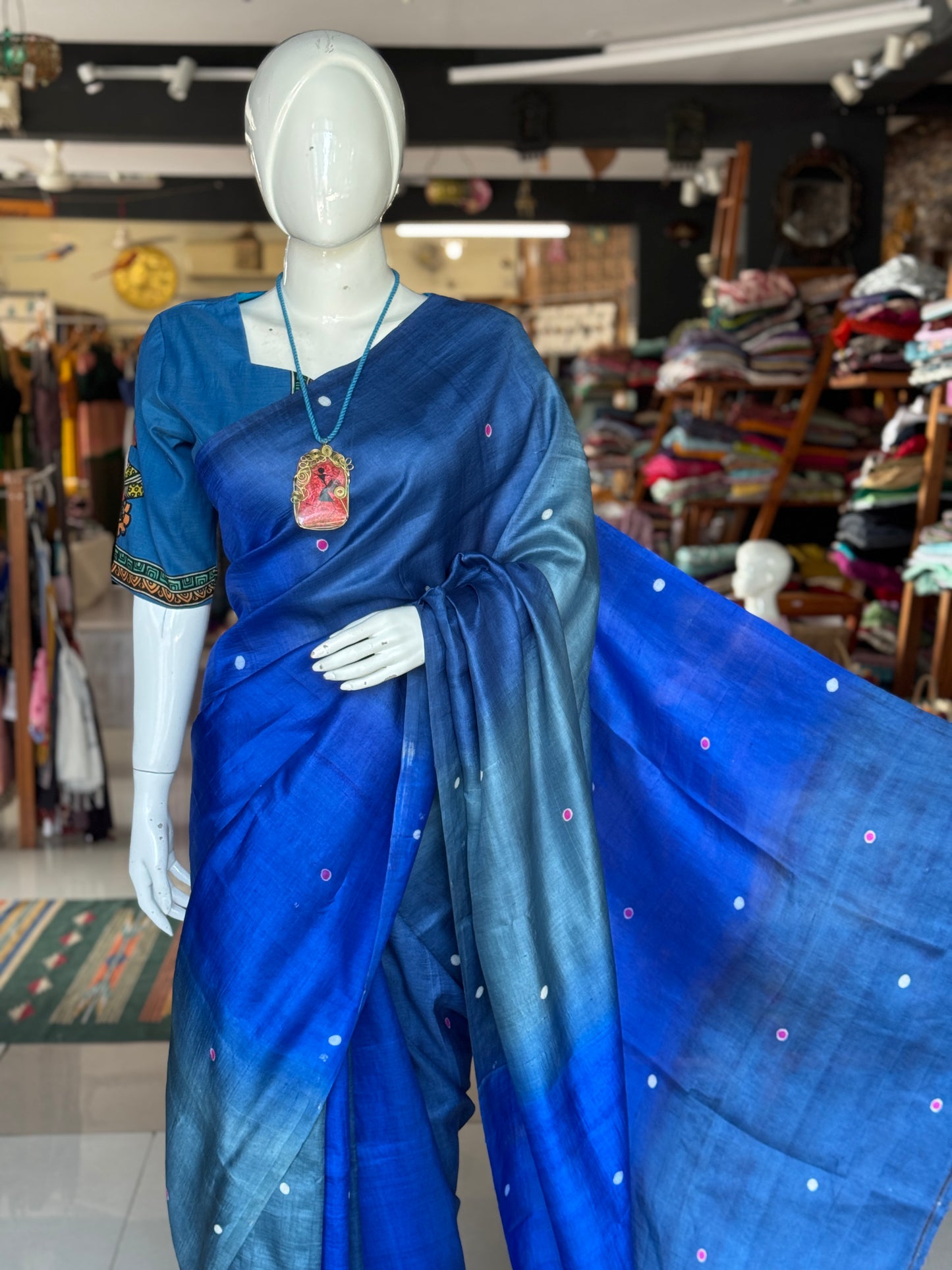 Blue Pen Kalamkari hand painted silk blouse with painting on back, sleeves