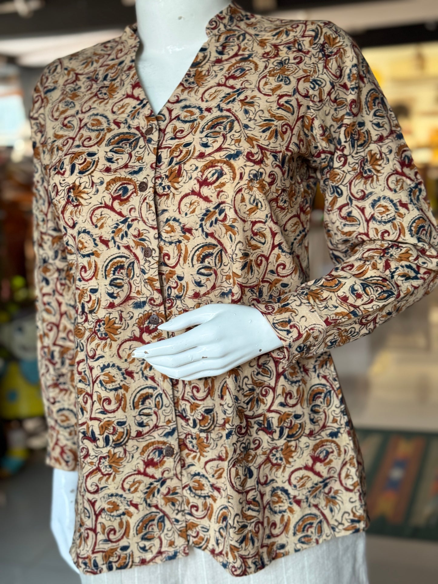 Beige Kalamkari Chinese collared top with V-neckline - hand block printed, Hand spun, hand woven cotton