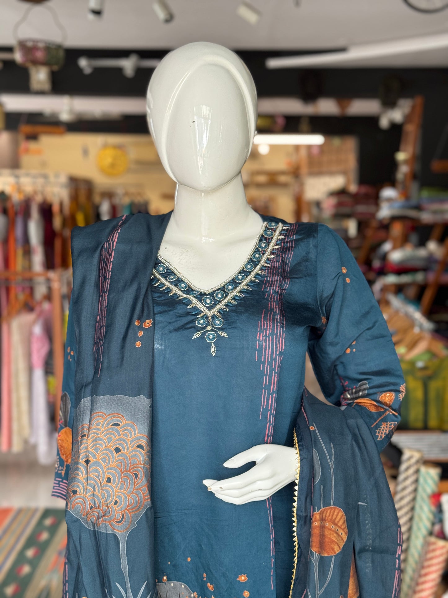 Teal blue panel printed floral modal suit set with matching straight pants and dupatta - 3 piece set