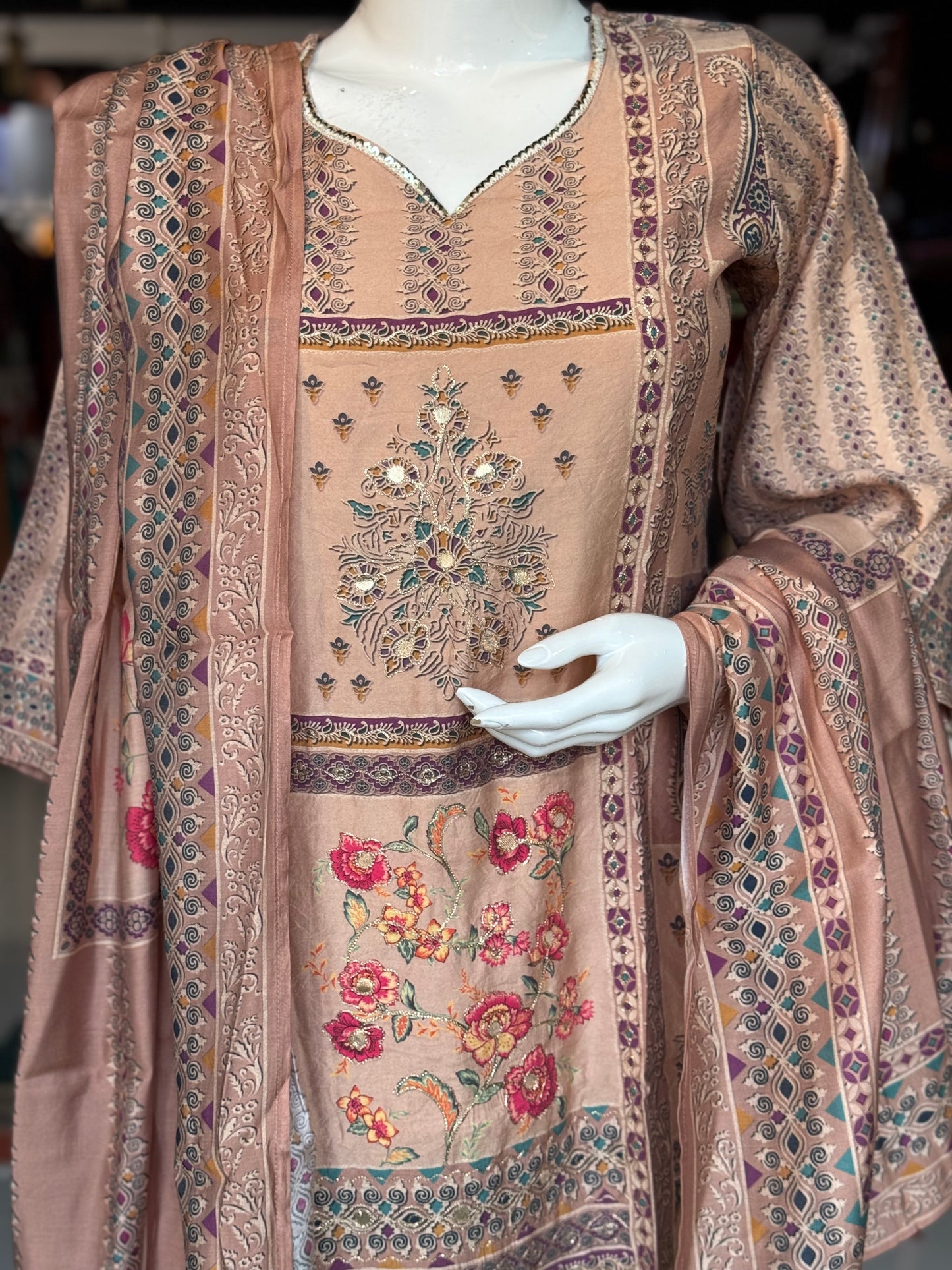 Sandal beige tone muslin embroidered 3 piece suit set - festive wear set