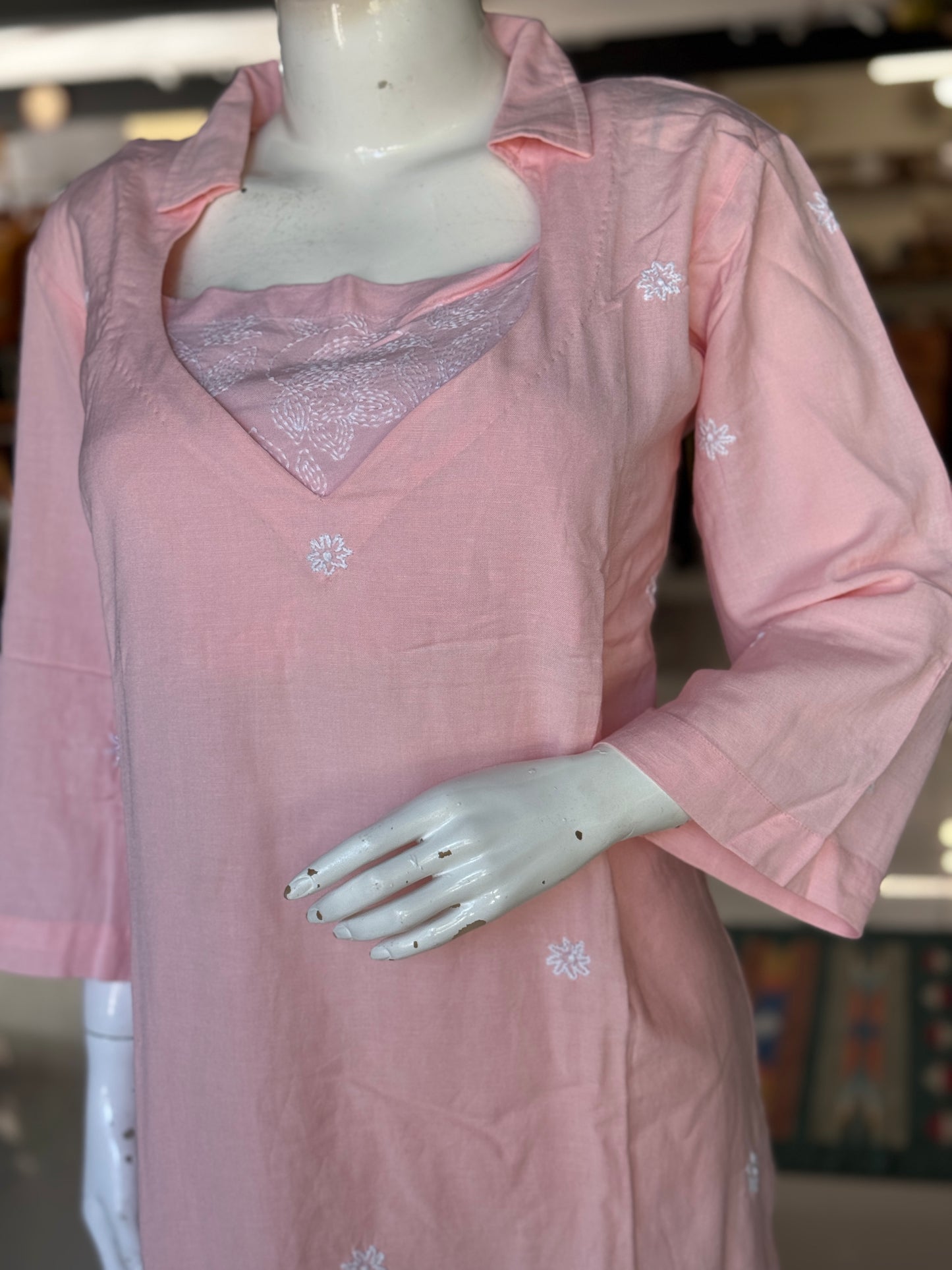 Light pink hand embroidered cotton kurta, inner top and pants - 3 piece set