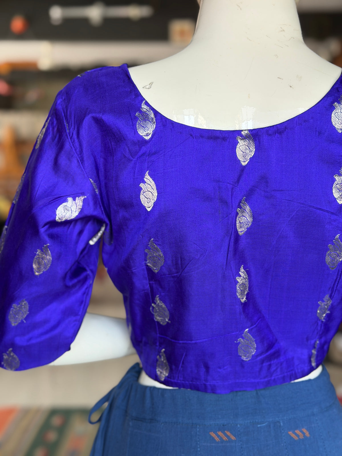 Royal blue pure silk Venkatagiri handloom elbow sleeves princess cut front open blouse