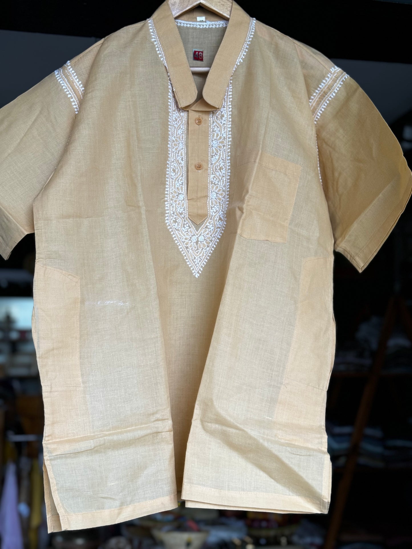 Chikankari hand embroidery cotton half sleeves short kurta for men