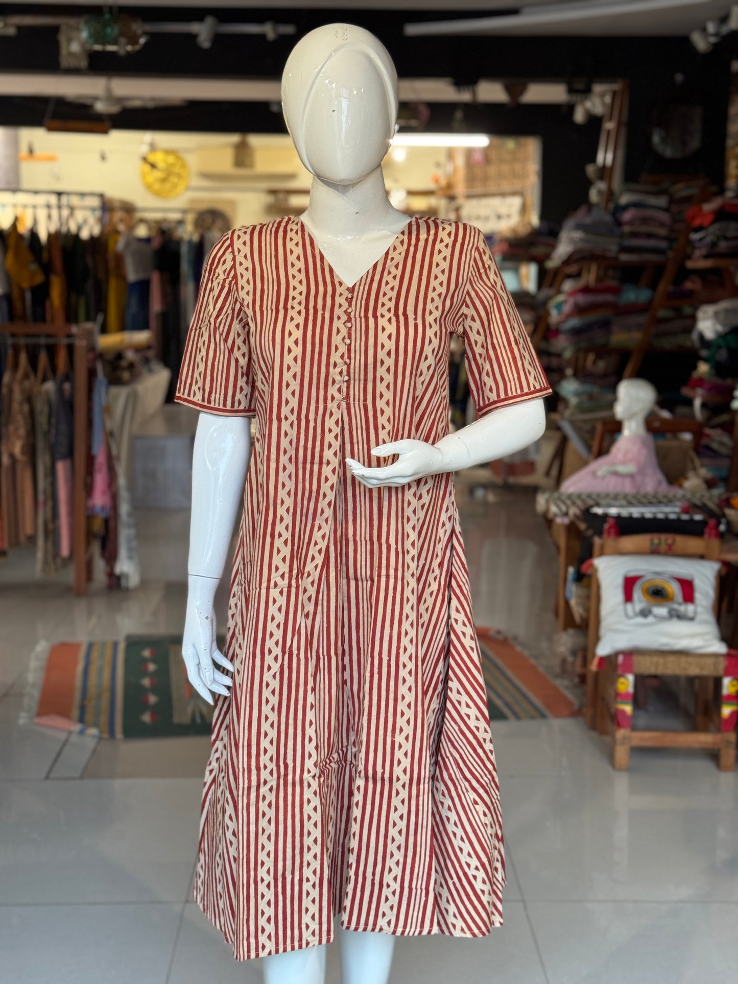 Front pleated, v-neck hand block printed cotton dress - multiple designs