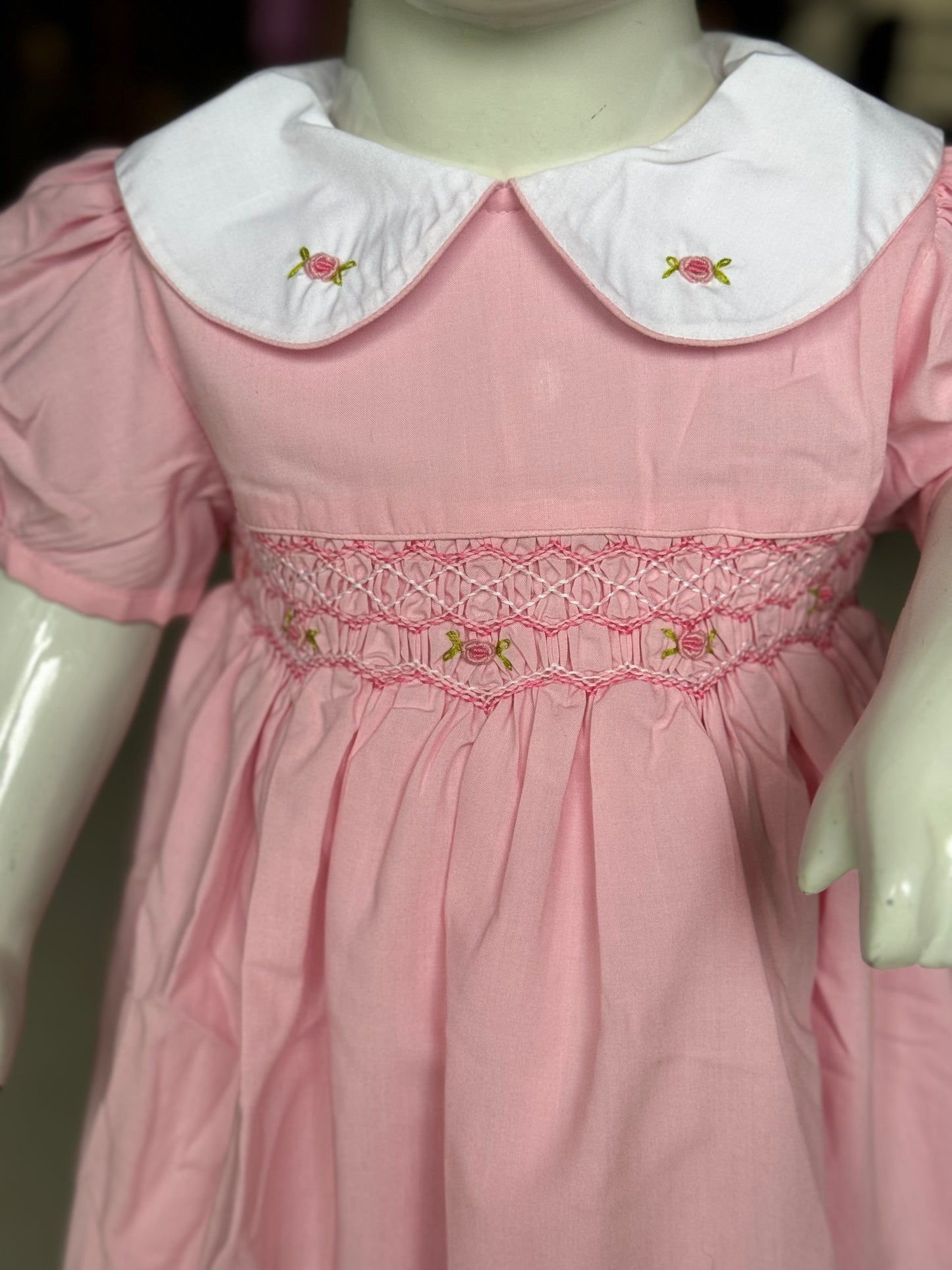 Pink smocking cotton frock with embroidered collar detailing and hand embroidery