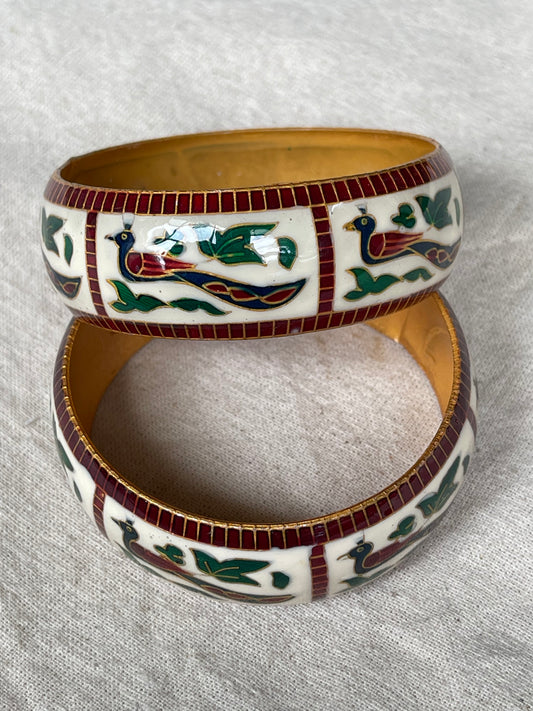 Lacquer enamel bangles pair with peacock motifs