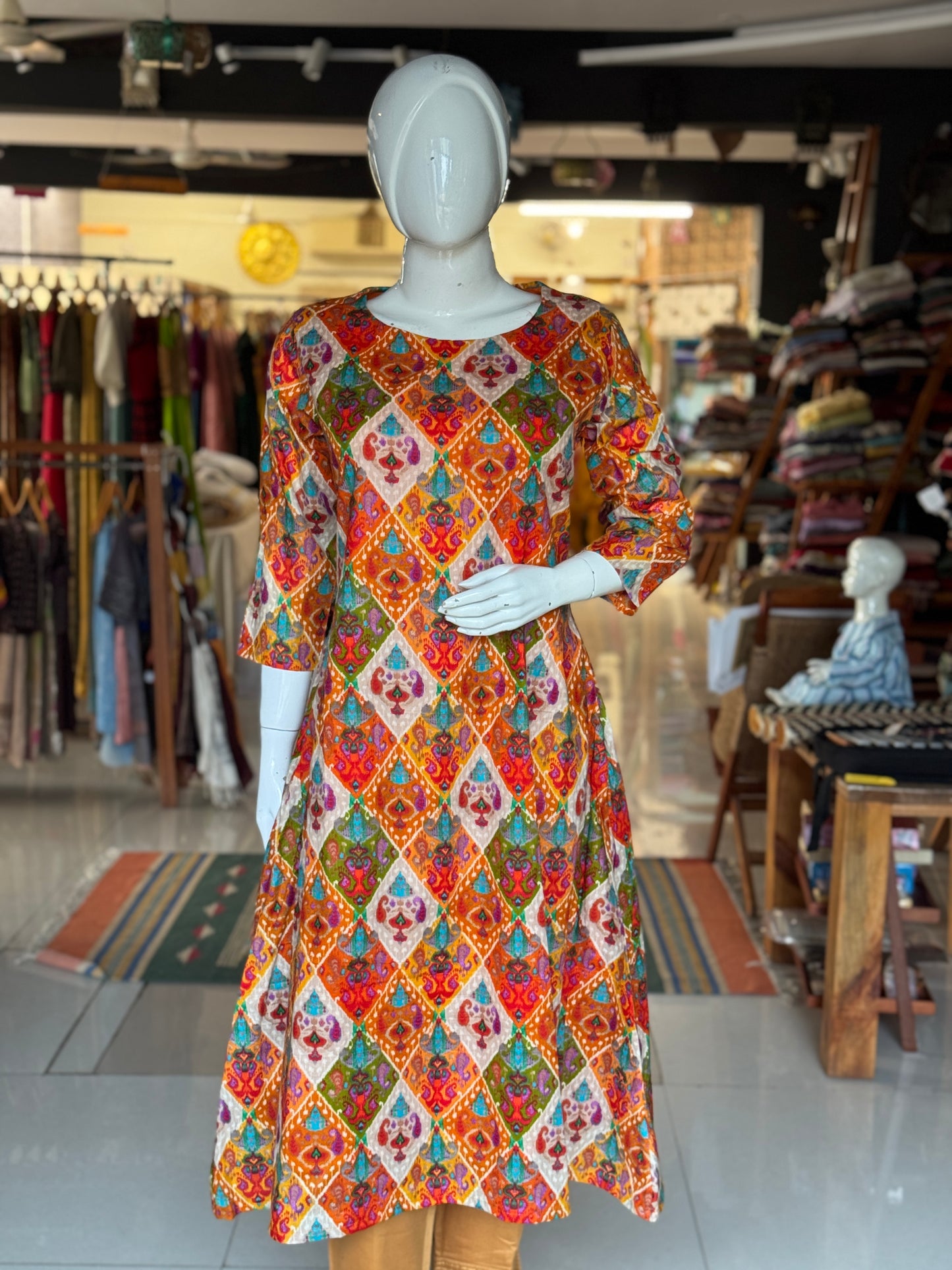 Colorful diamond n paisley print a-line kurti with lining