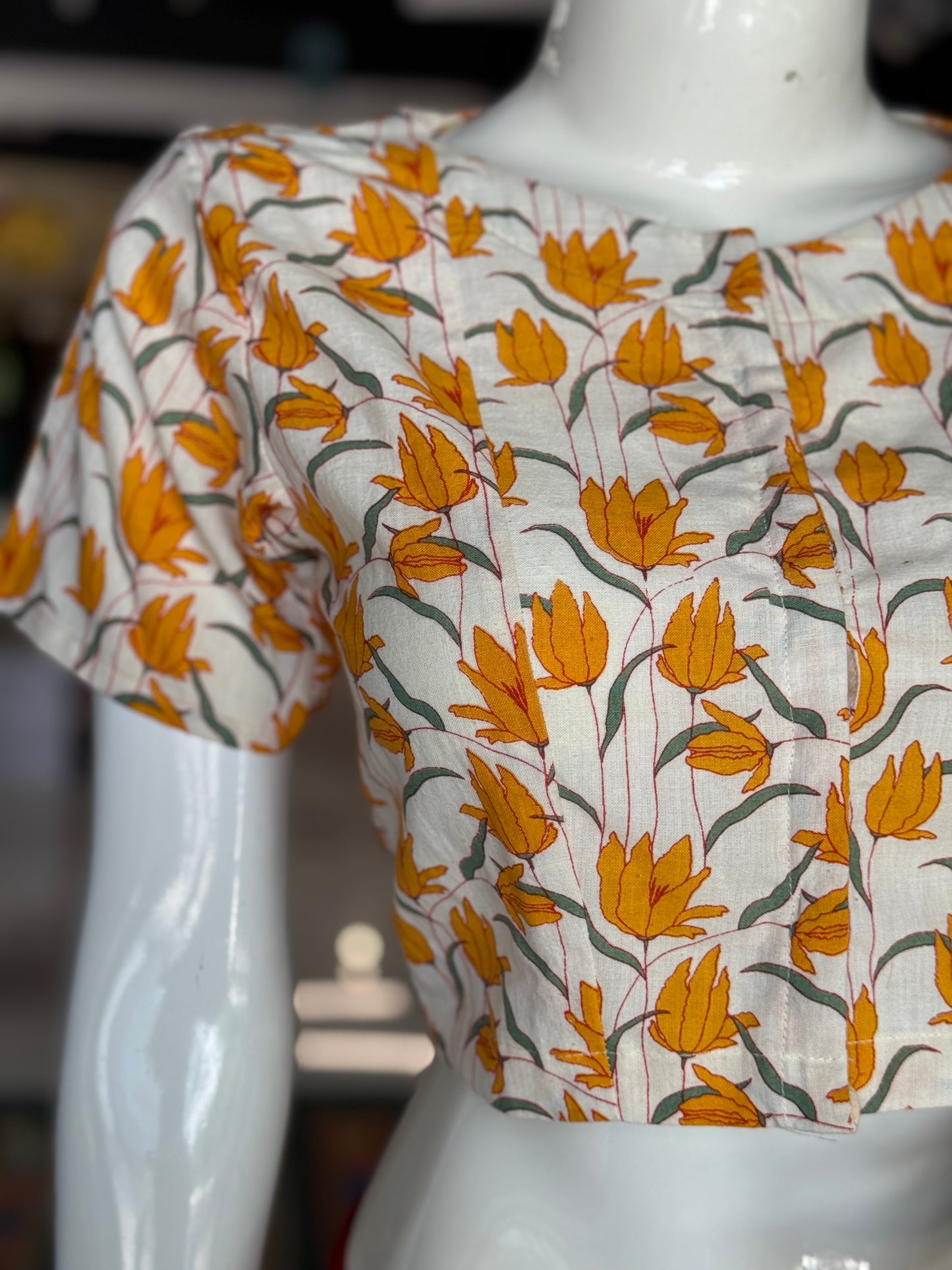 Offwhite handwoven cotton front open blouse with mustard yellow flowers