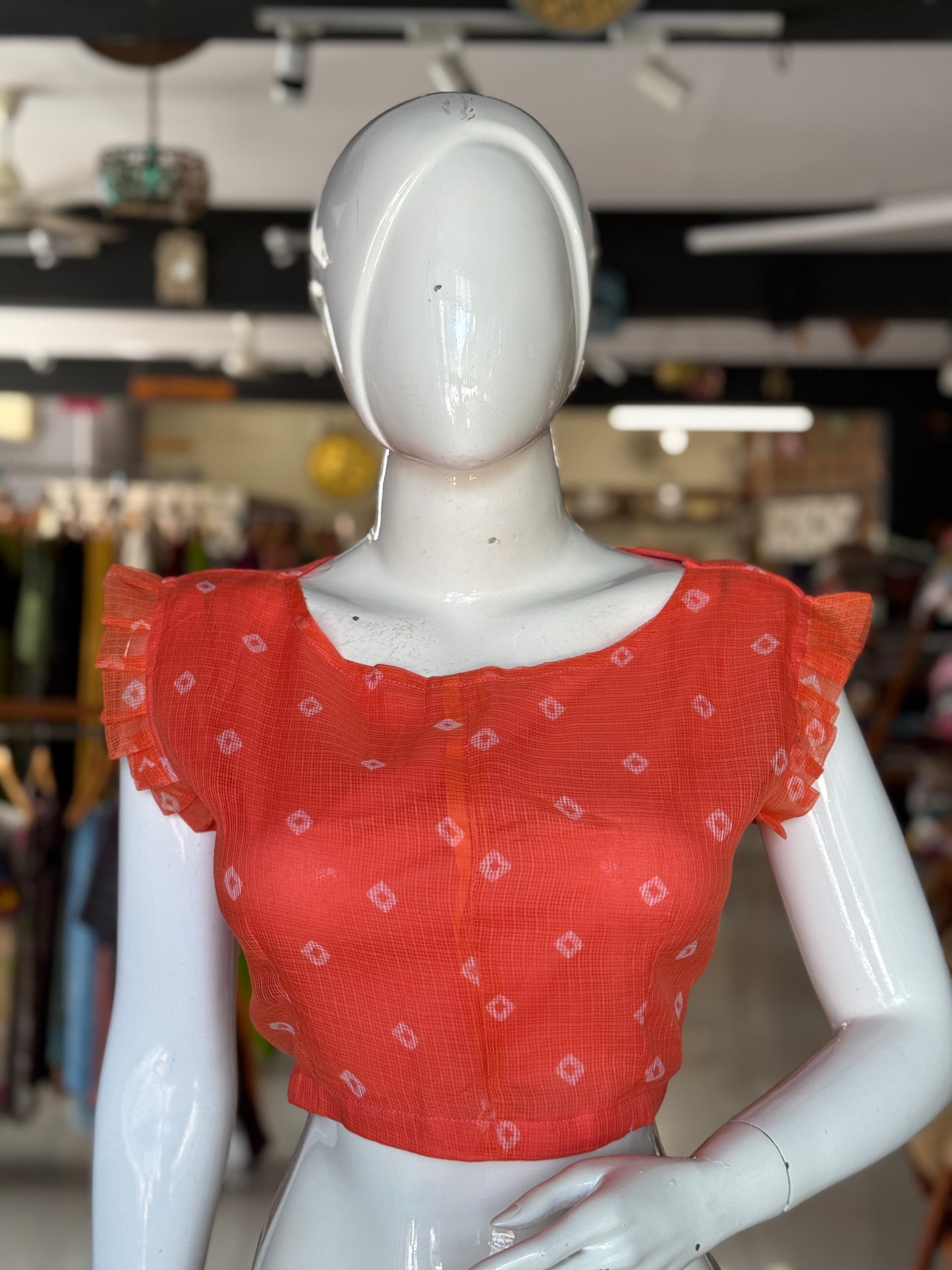 Orange kota Bandini print cotton frill sleeves blouse
