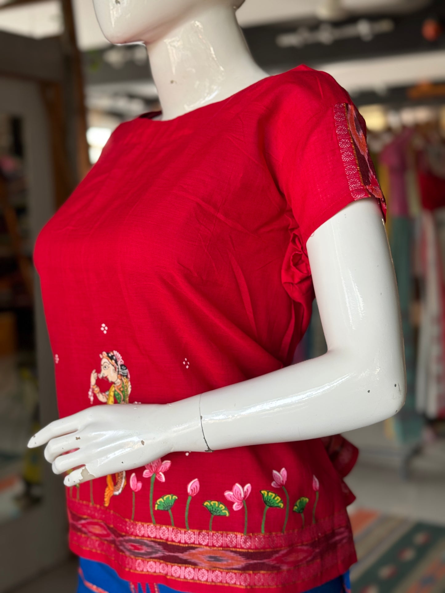 Red Patachitra hand painted, handwoven cotton top with ikat border
