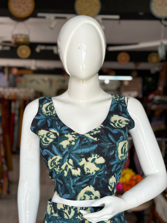 Blue green thread work hand block printed sleeveless cotton crop top / blouse