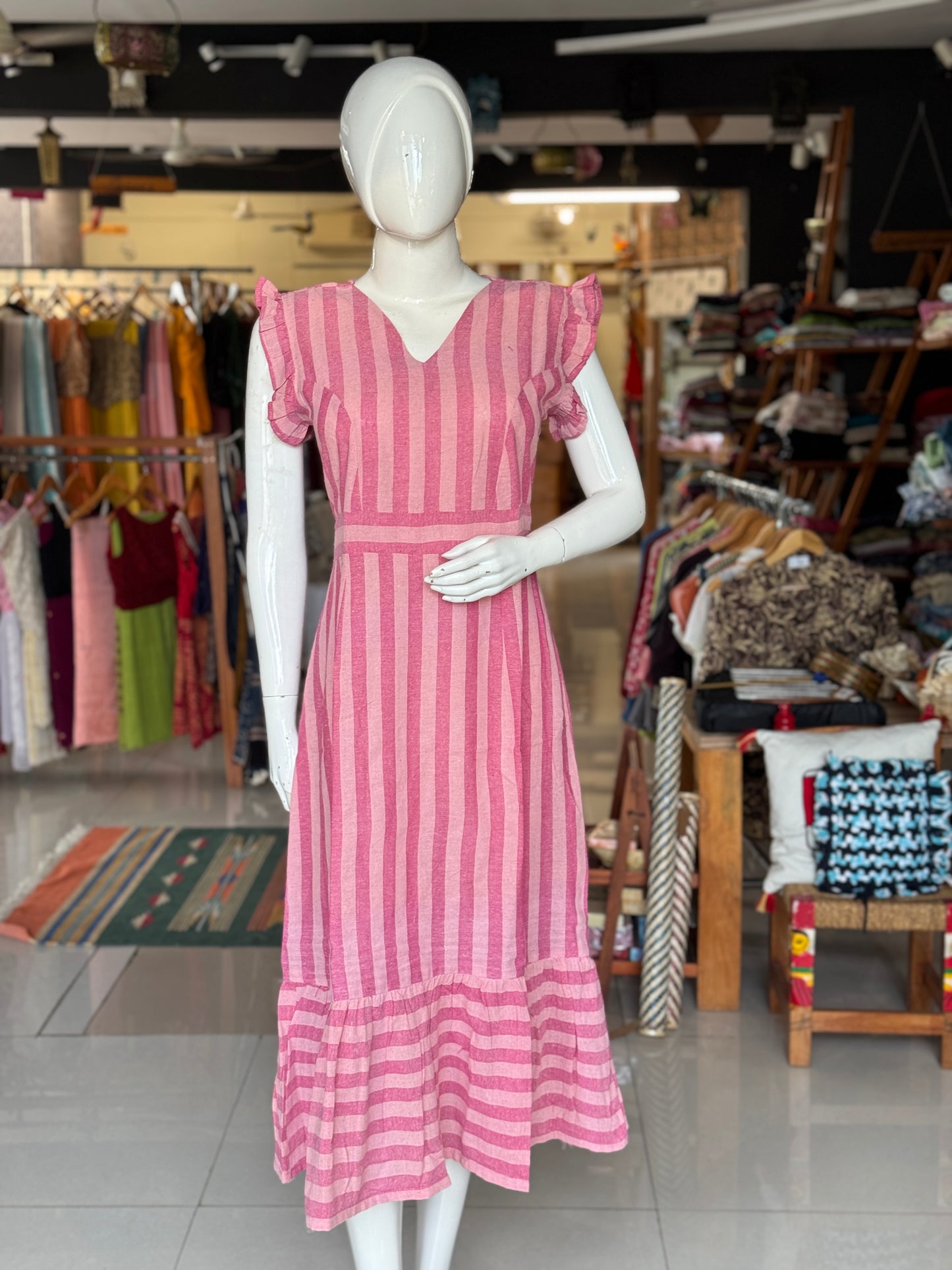 Pink stripes kala cotton, handwoven dress with gathered hem
