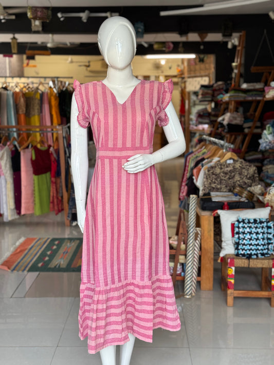 Pink stripes kala cotton, handwoven dress with gathered hem