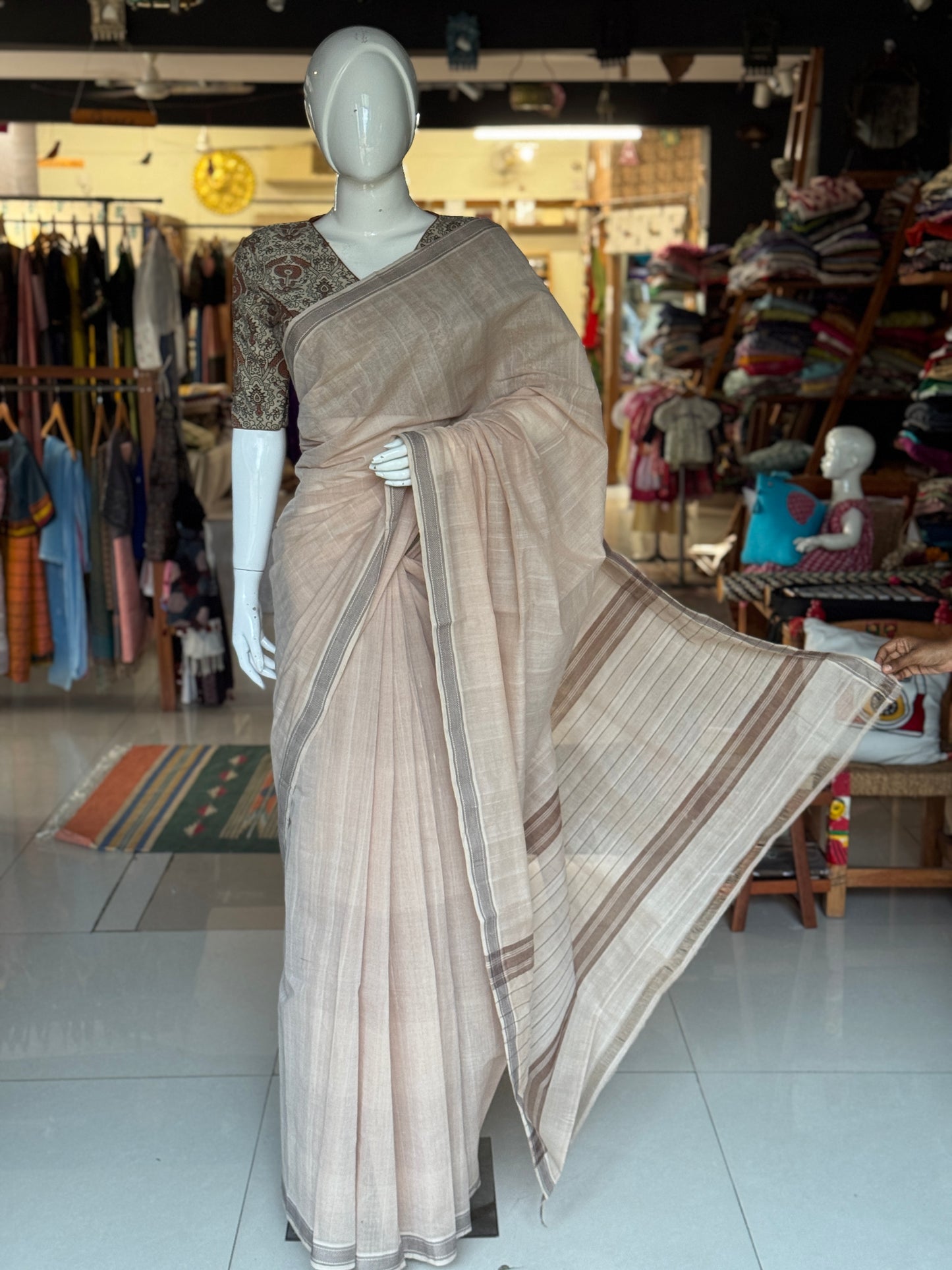 Beige brown soft handloom cotton saree with thread border