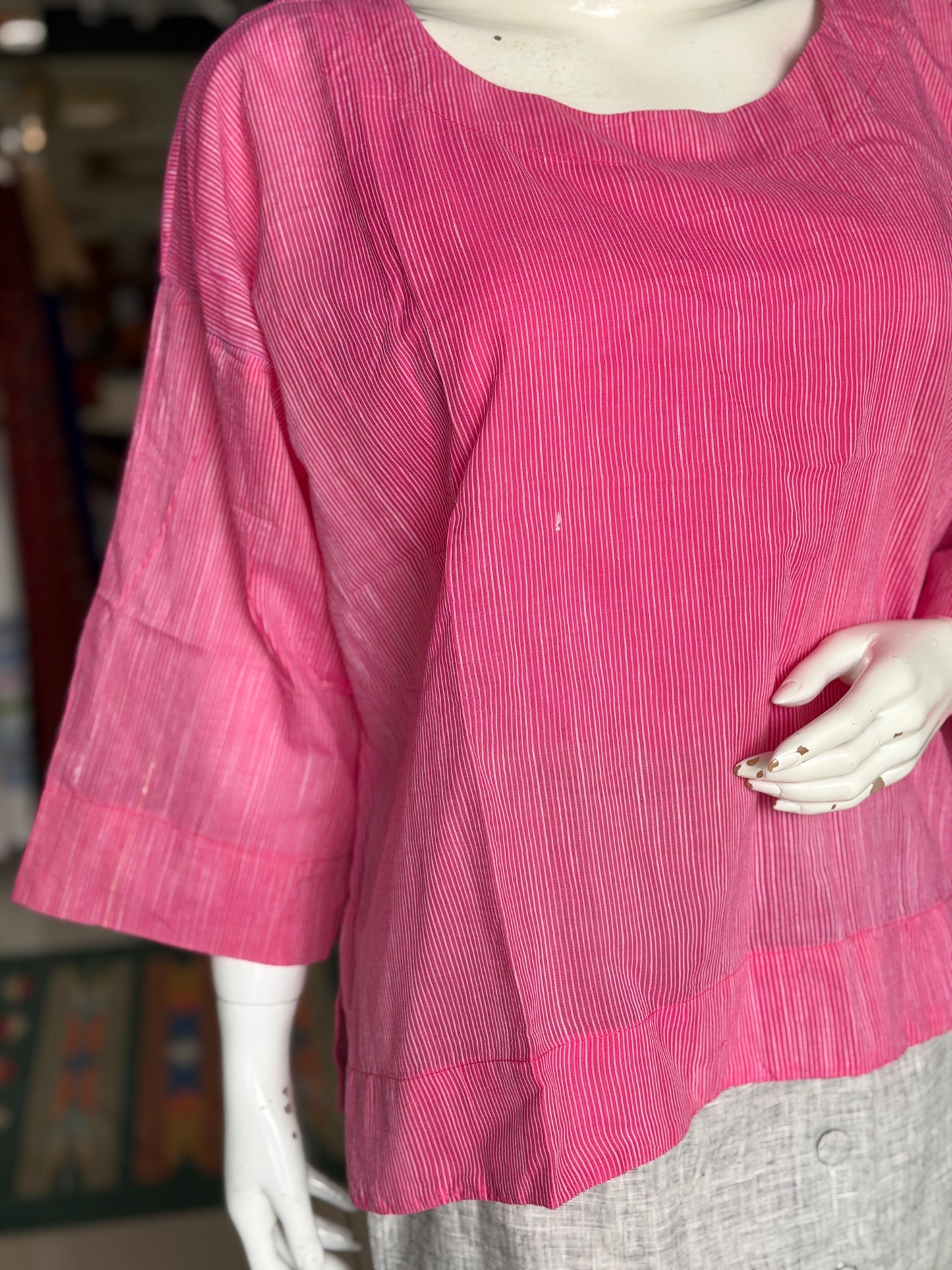 Pink n white fine stripes handwoven boxy cotton top - relaxed fit