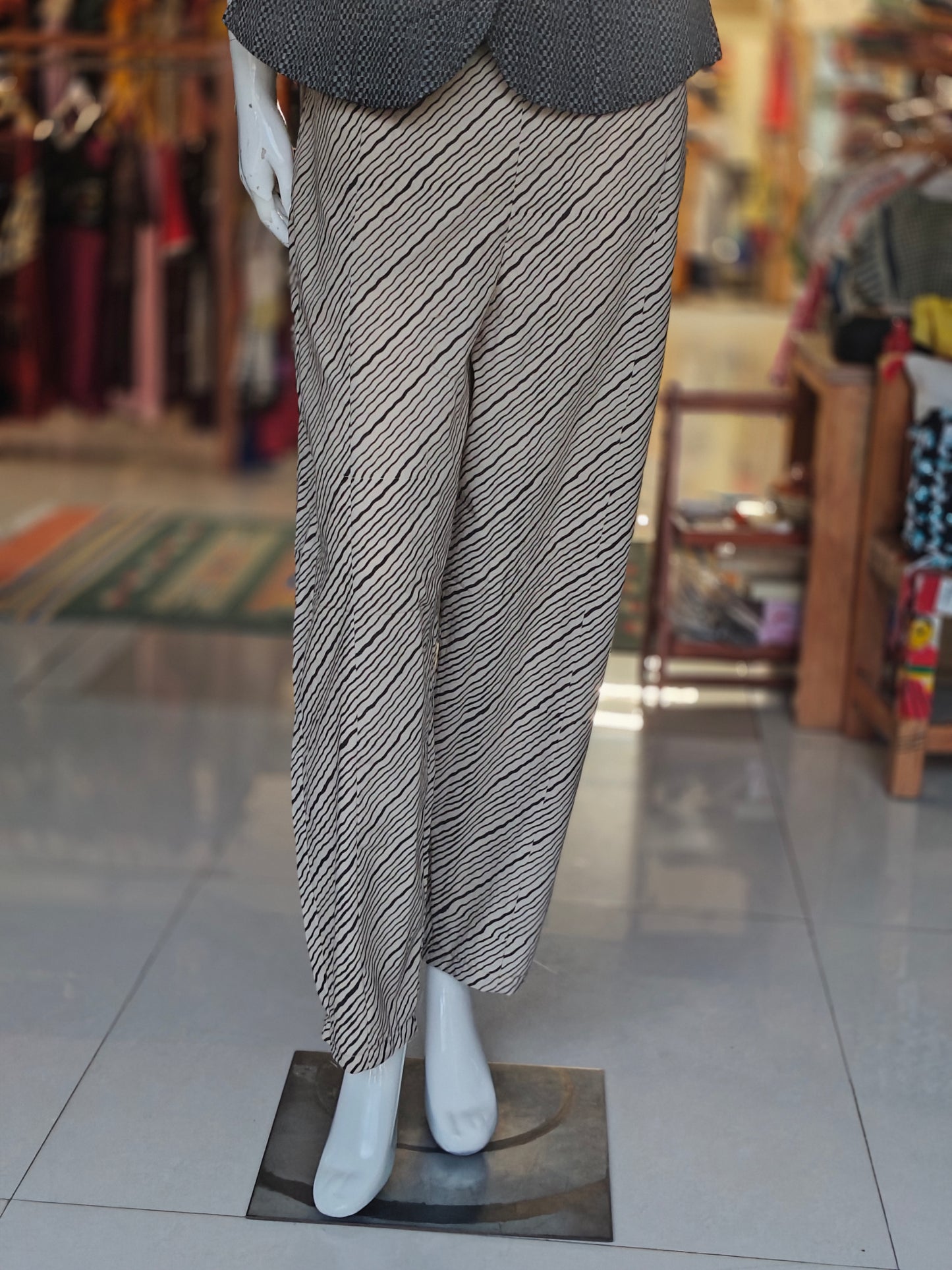 Beige cotton pants with stripes stripes hand block printed cotton pants