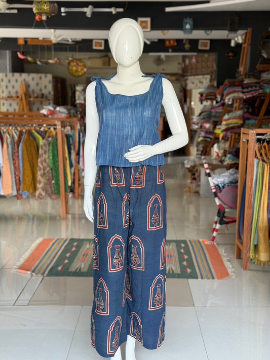 Indigo vase design cotton hand block printed Ajrakh free sized pants
