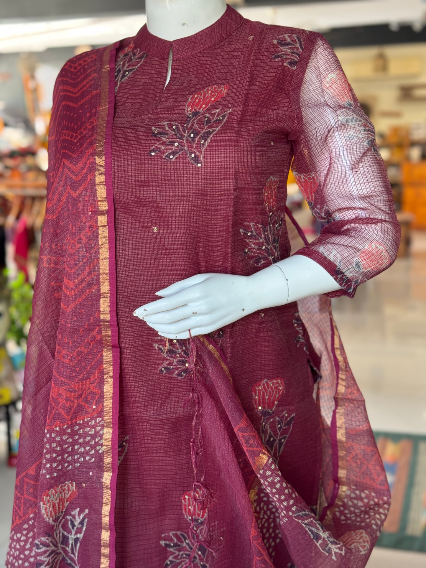 Wine tone hand block printed kota cotton straight kurti, pants and dupatta set - with hand embroidery