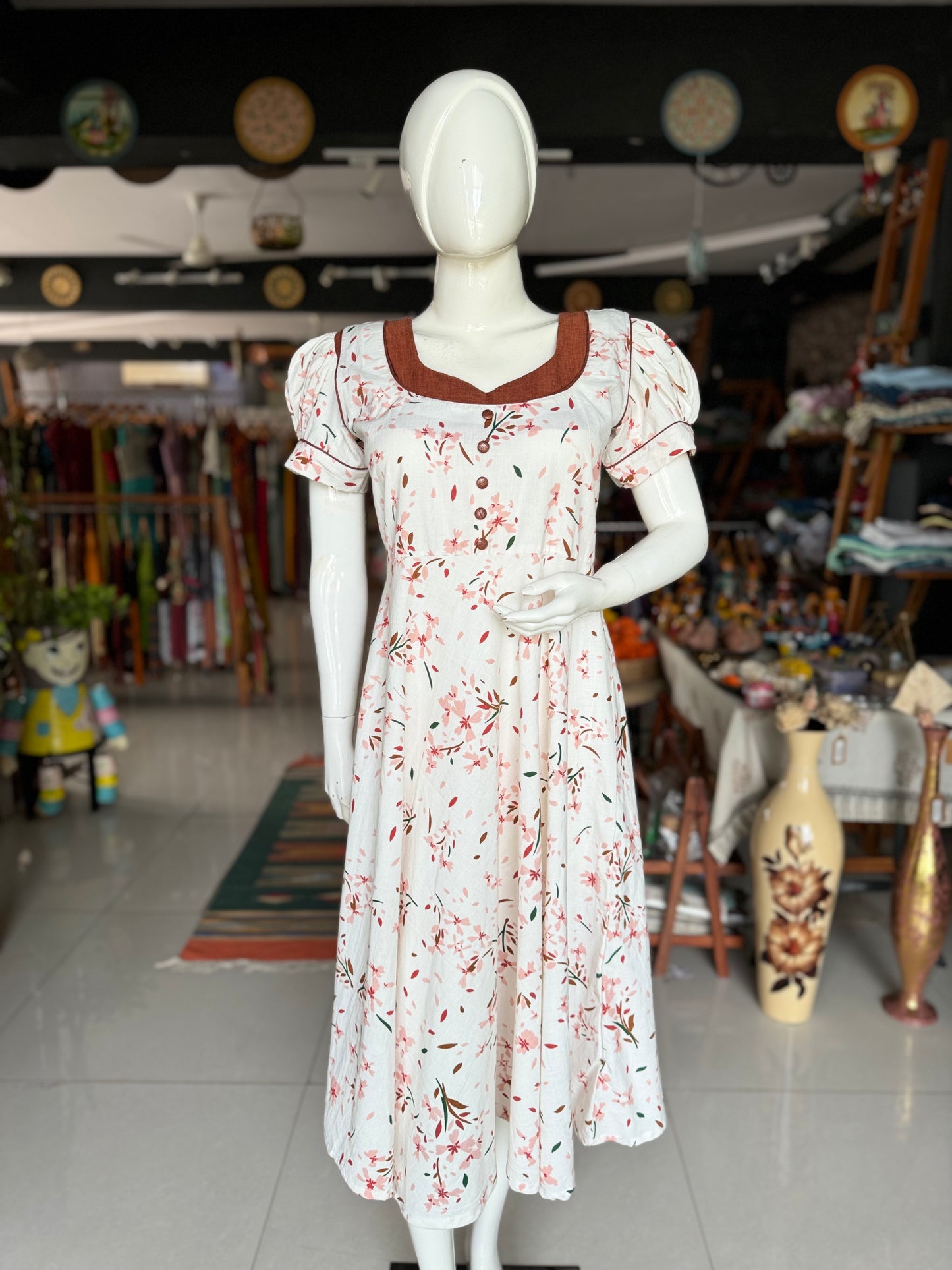 White floral printed handwoven cotton dress in vintage look