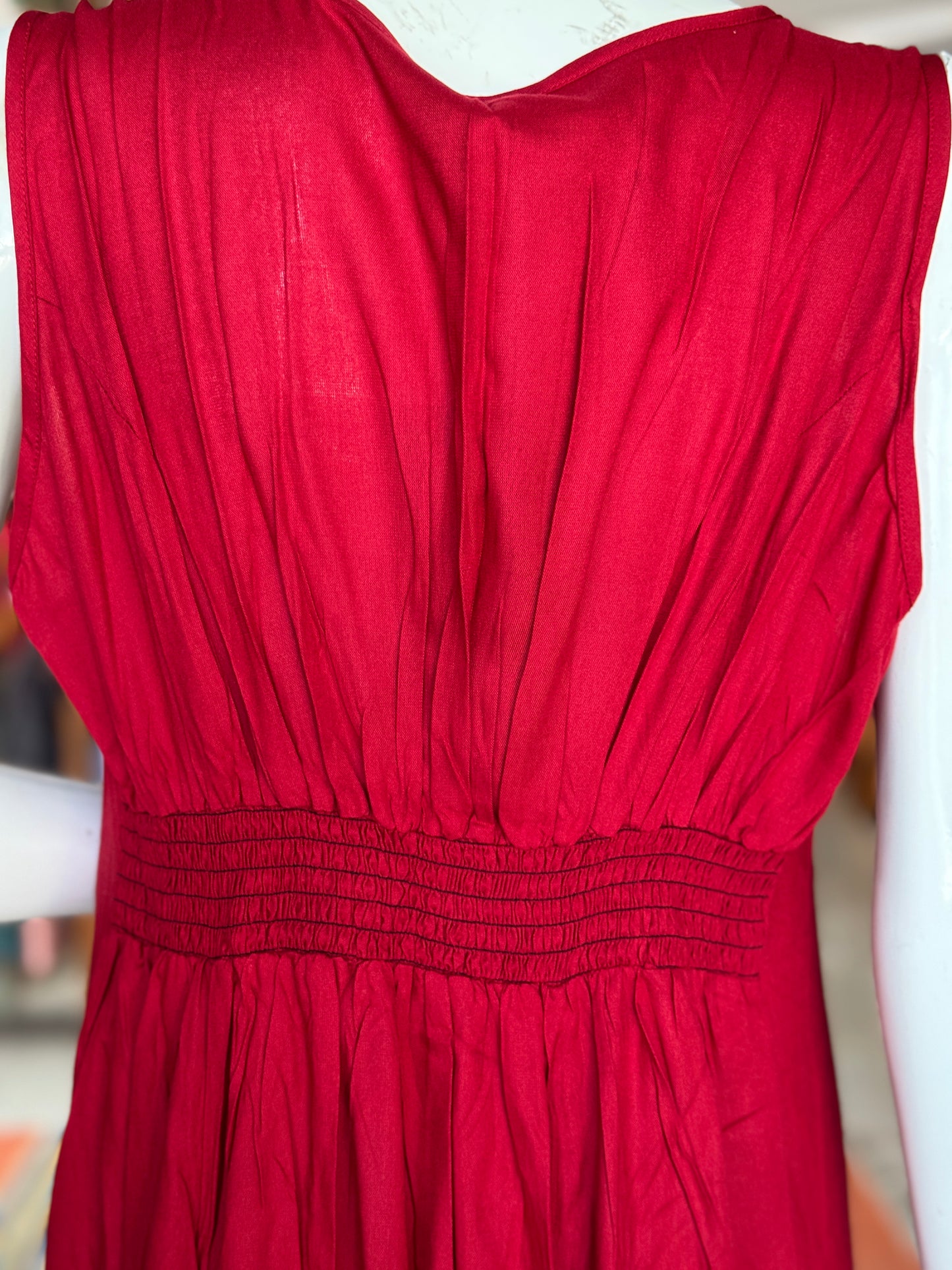 Red dhalia flower hand printed free sized dress with back elastic