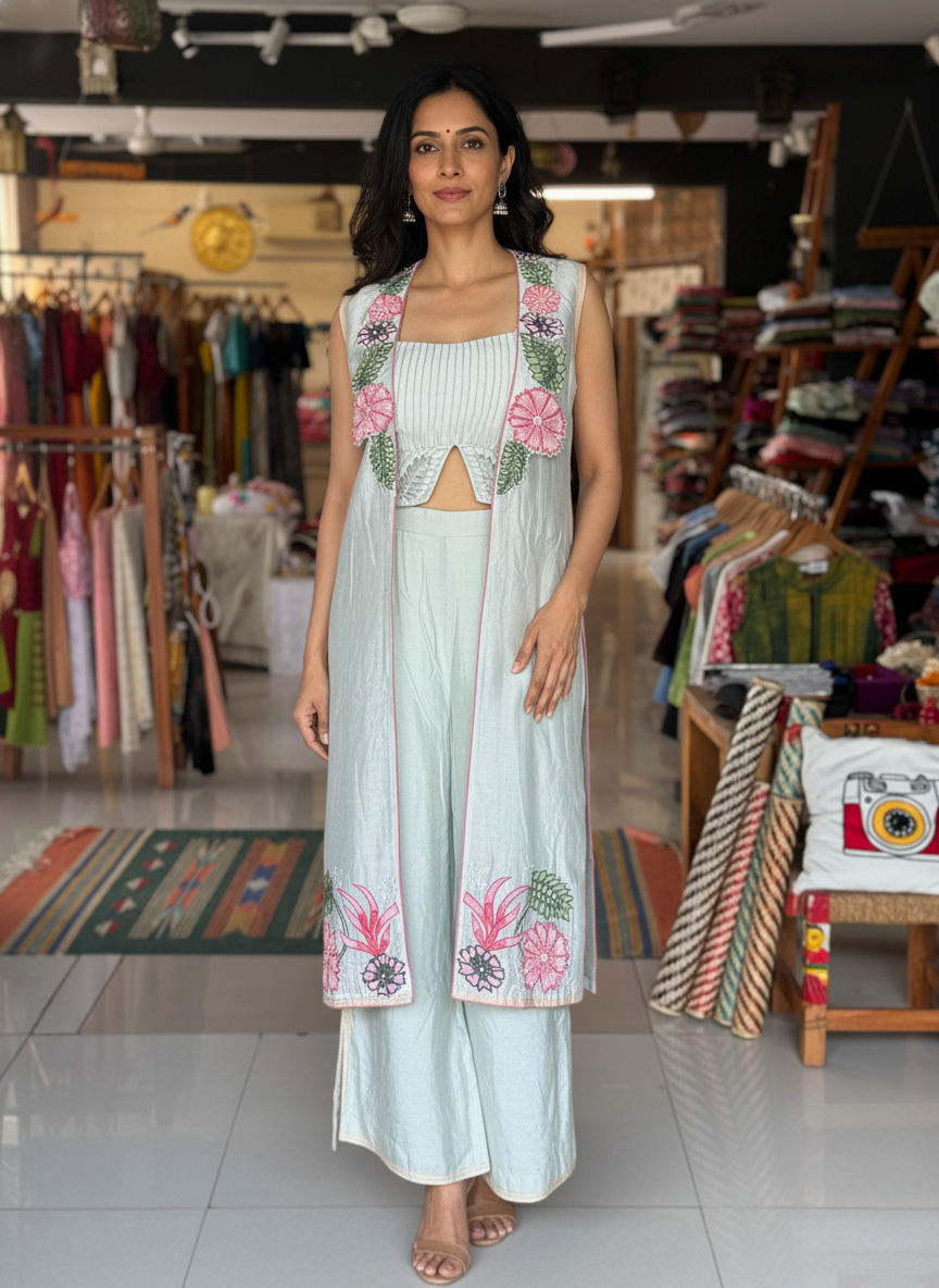 Pastel tone silk cotton cut work embroidered cape, bustier and loose pants - 3 piece set