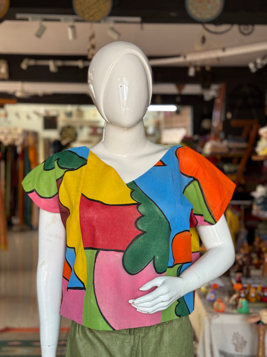 Colorful hand painted colorful shoulder sleeved , relax fit cotton top