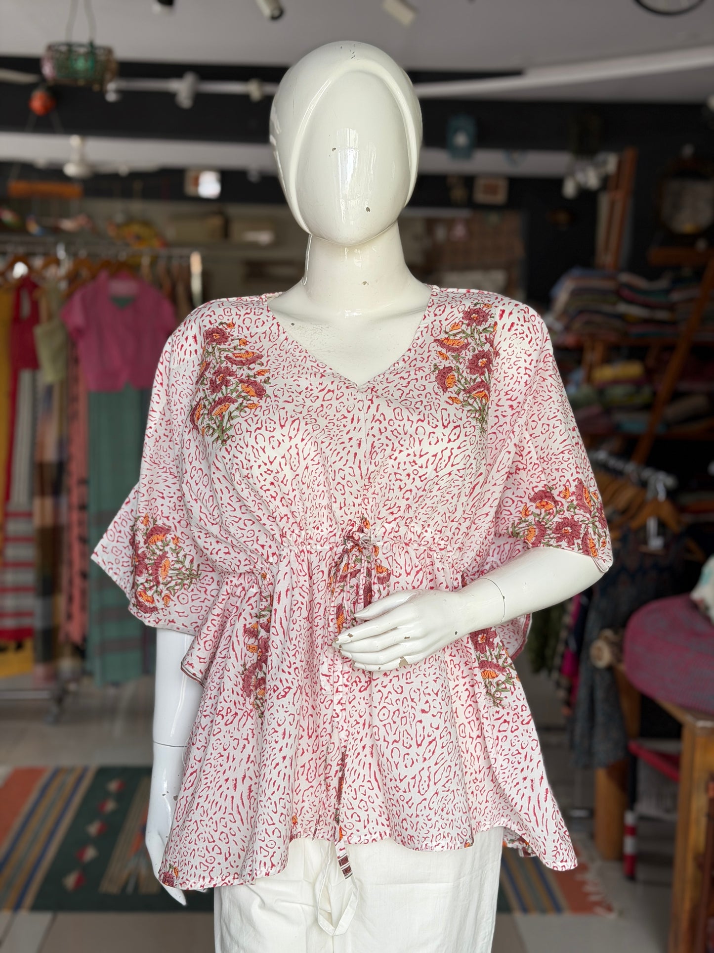White animal print and flowers Kaftan top in cotton hand block prints and plain cotton pants - 2 piece set