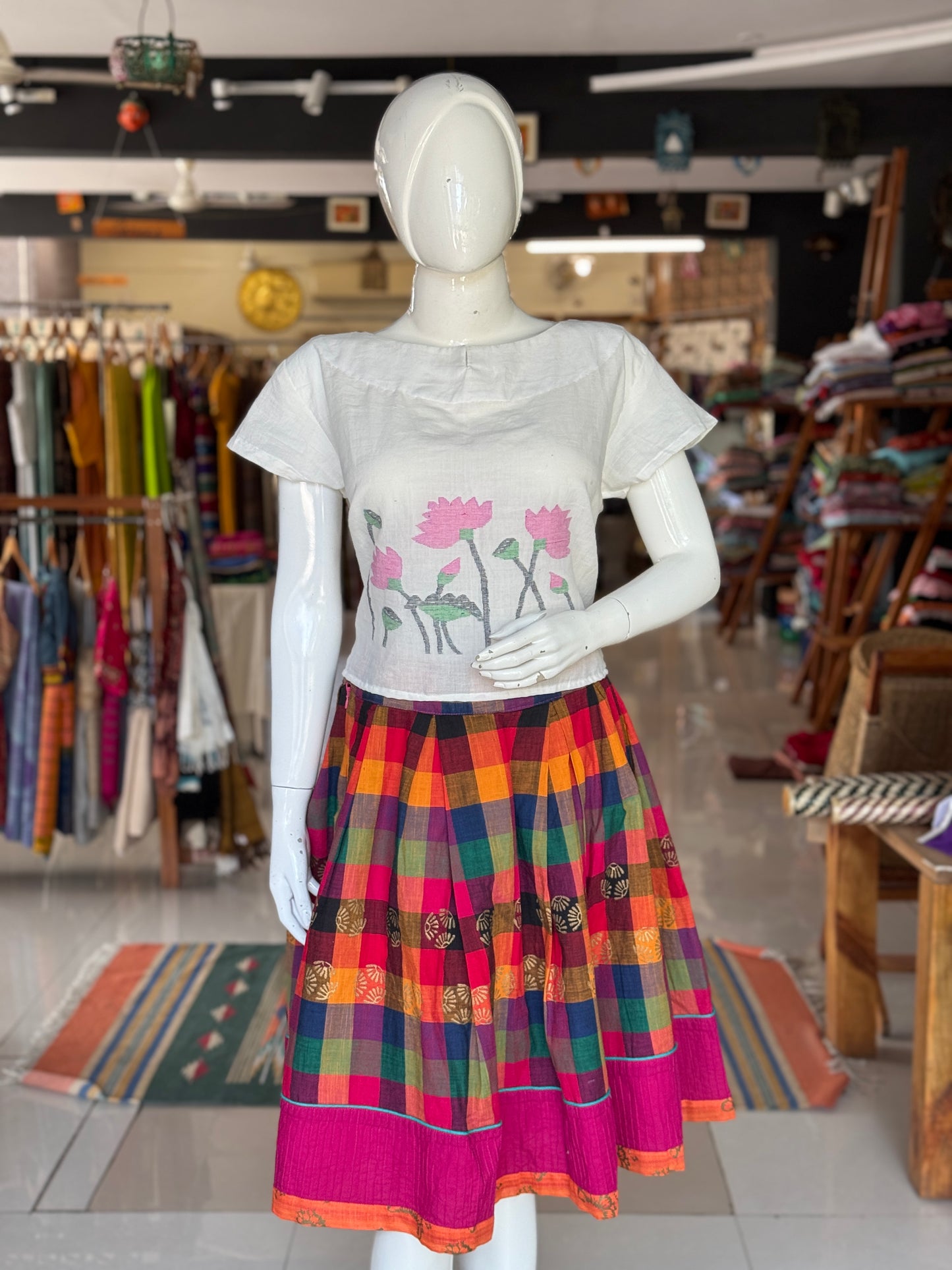 Pink Madras checks cotton short skirt - with drawstring waist