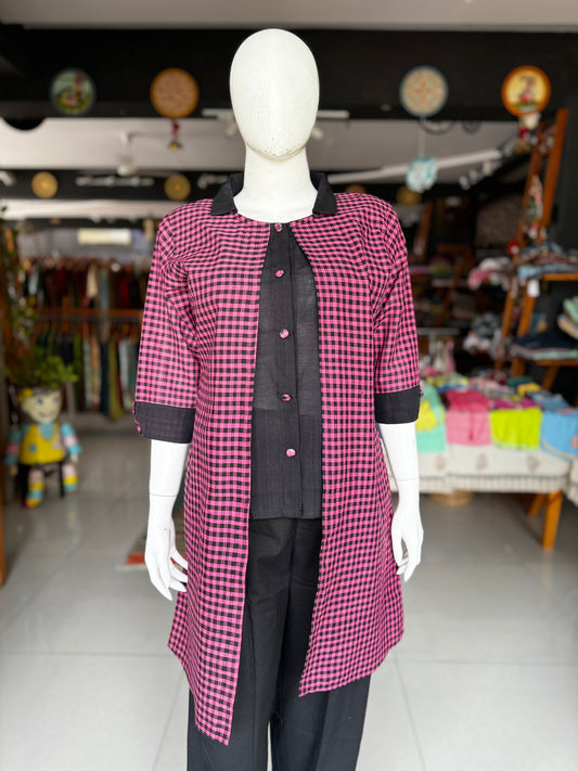 Pink and black checks handloom cotton shirt tunic with fabric buttons