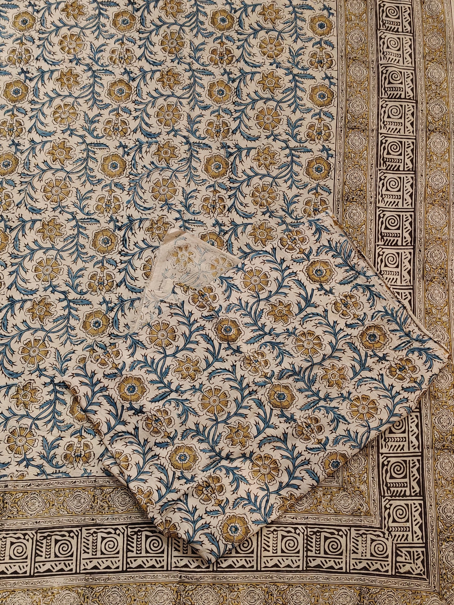 Blue and mustard floral design Kalamkari hand block printed smooth satin cotton king size bedsheet + 2 pillow covers